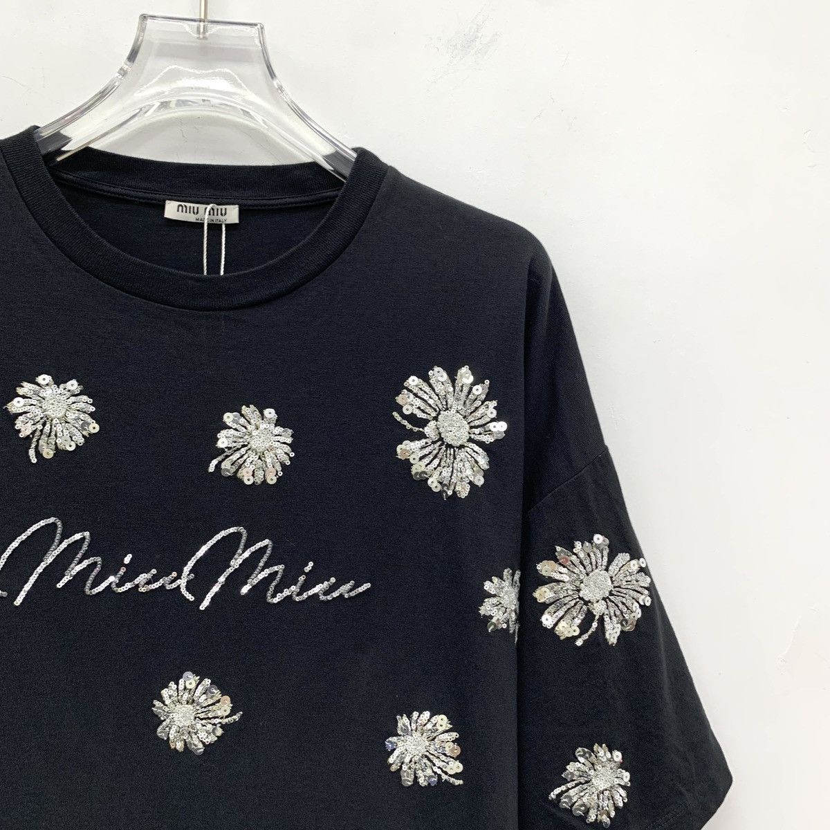 Miu Miu Miu Miu Black Floral Sequin Short Sleeve T-shirt K26WX Size S / US 4 / IT 40 - 3 Thumbnail