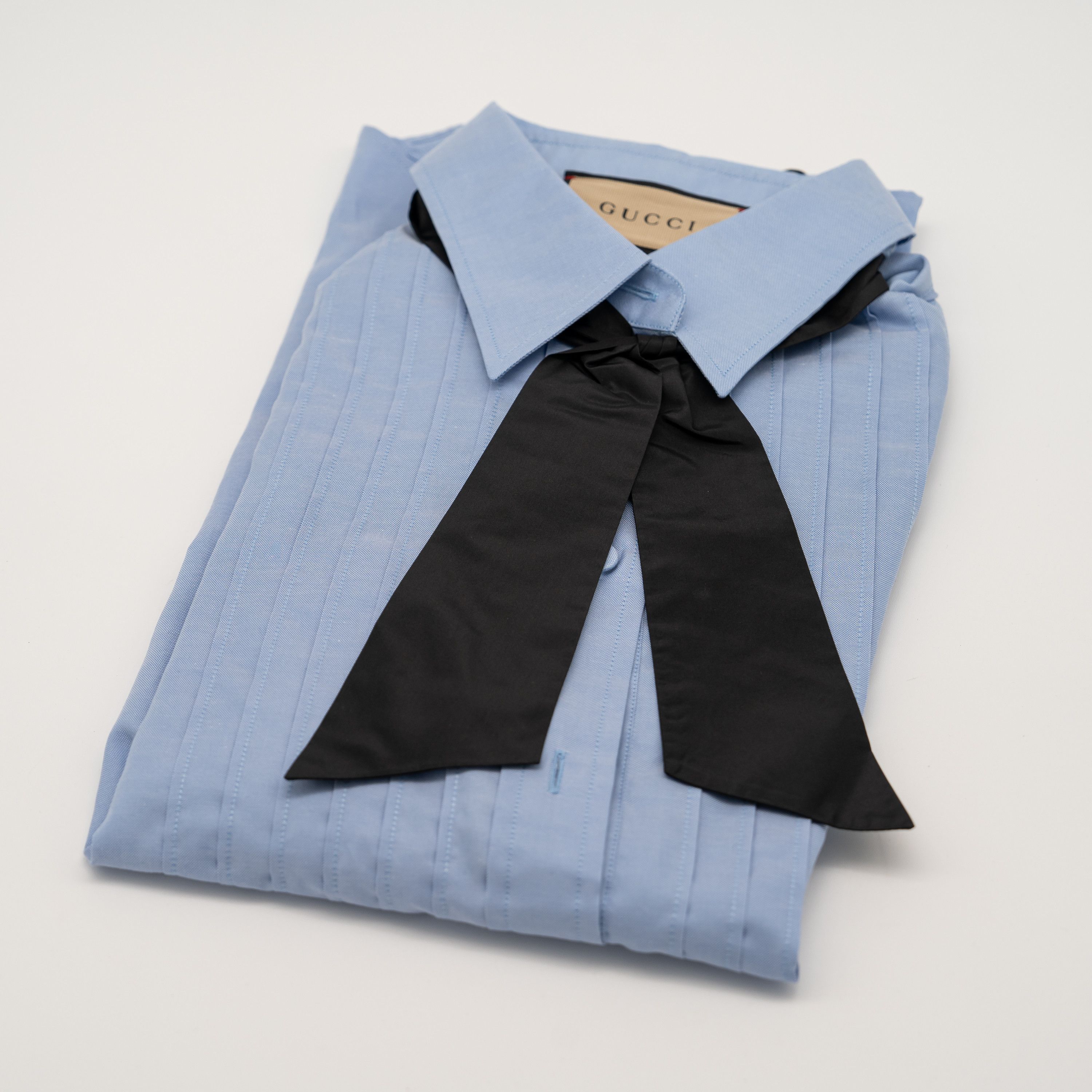 Gucci Gucci Blue Pleated Shirt Oxford Cotton Black Tie Size M / US 6-8 / IT 42-44 - 8 Thumbnail