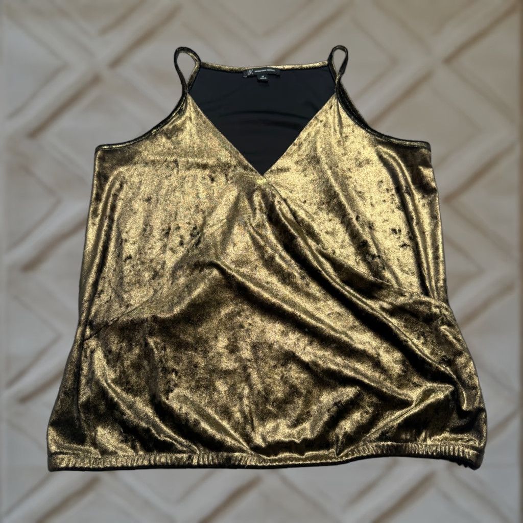 Vintage INC International Concept Tank Top Womens Medium Gold Velvet Shiny Metallic Logo Sleeveless Solid Size M / US 6-8 / IT 42-44 - 1 Thumbnail