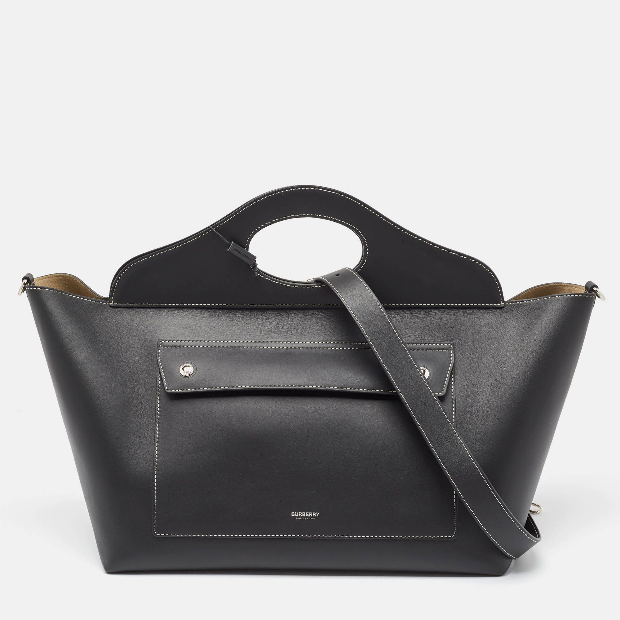 image of Burberry Black Leather Medium Soft Pocket Tote, Women's