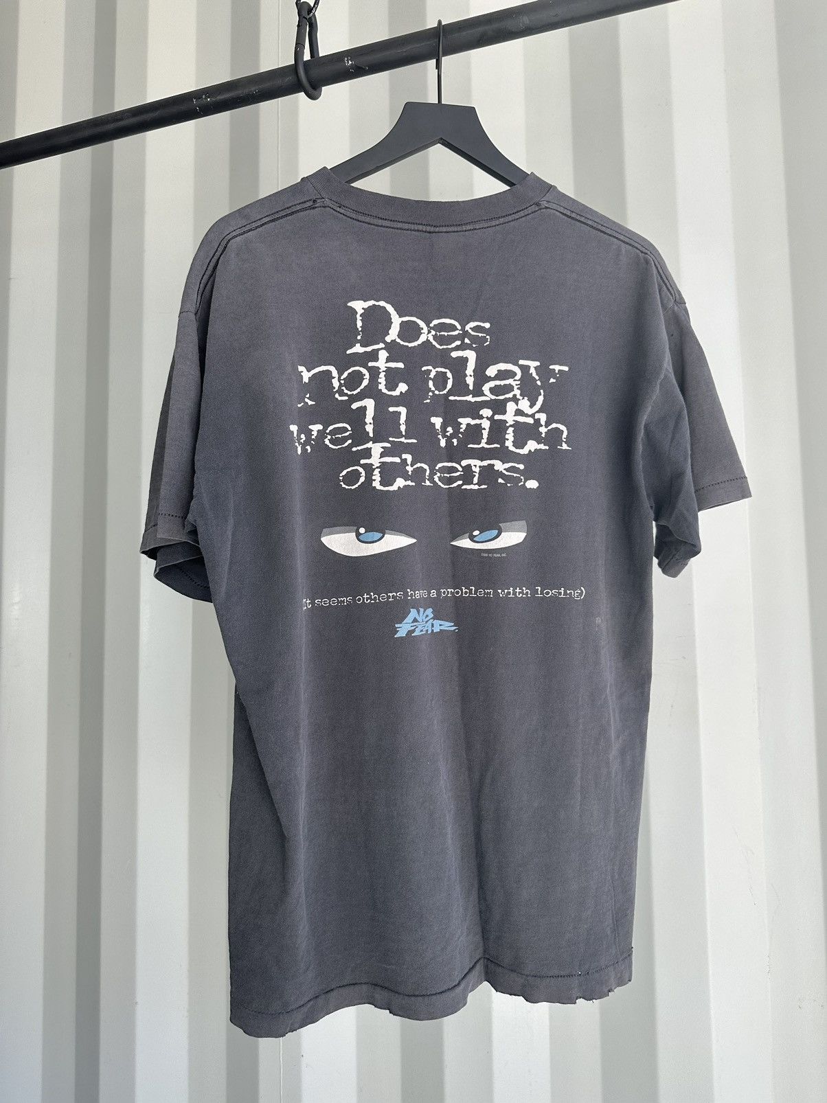 image of No Fear x Vintage Does Not Play Well With Others Trashed Destroyed Sun Faded in Black (Size XL)