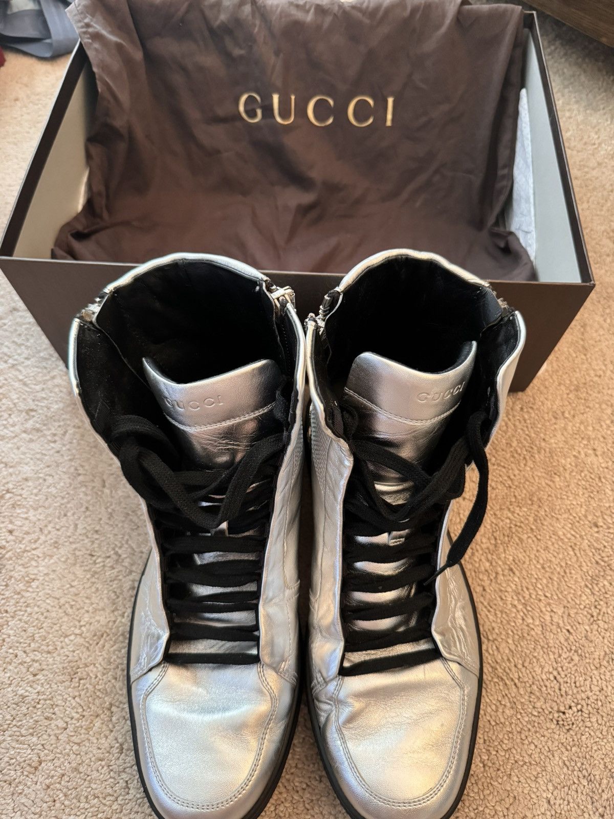 Gucci Gucci Silver Metallic Leather High Top US9 Size US 9 / EU 42 - 1 Thumbnail