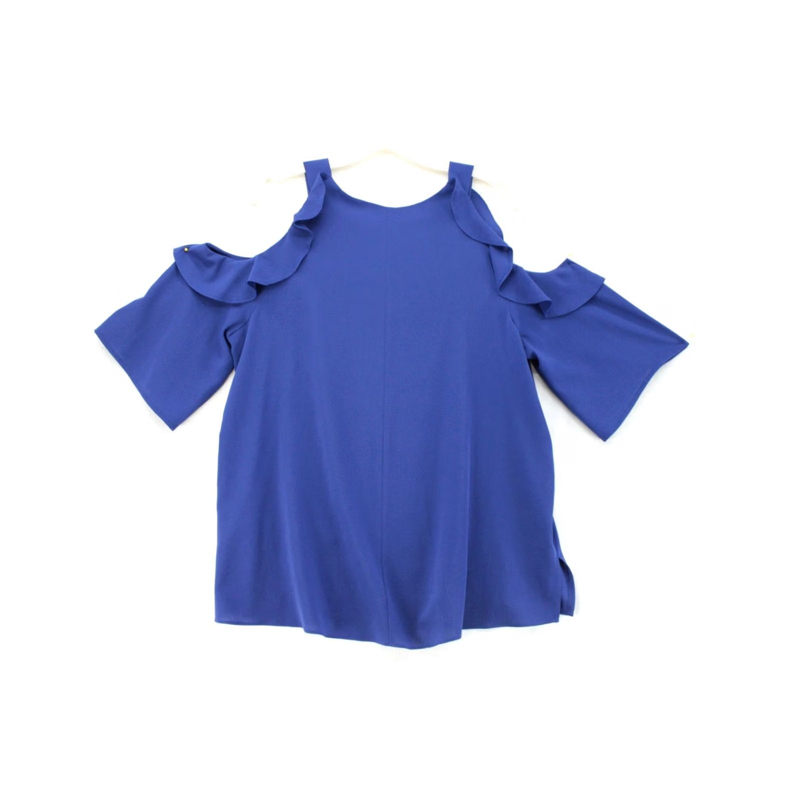 Vintage UMGEE Top Womens Large Blue Ruffled Cold Shoulder Short Sleeve Boho Peasant Shirt Blouse Size L / US 10 / IT 46 - 3 Thumbnail