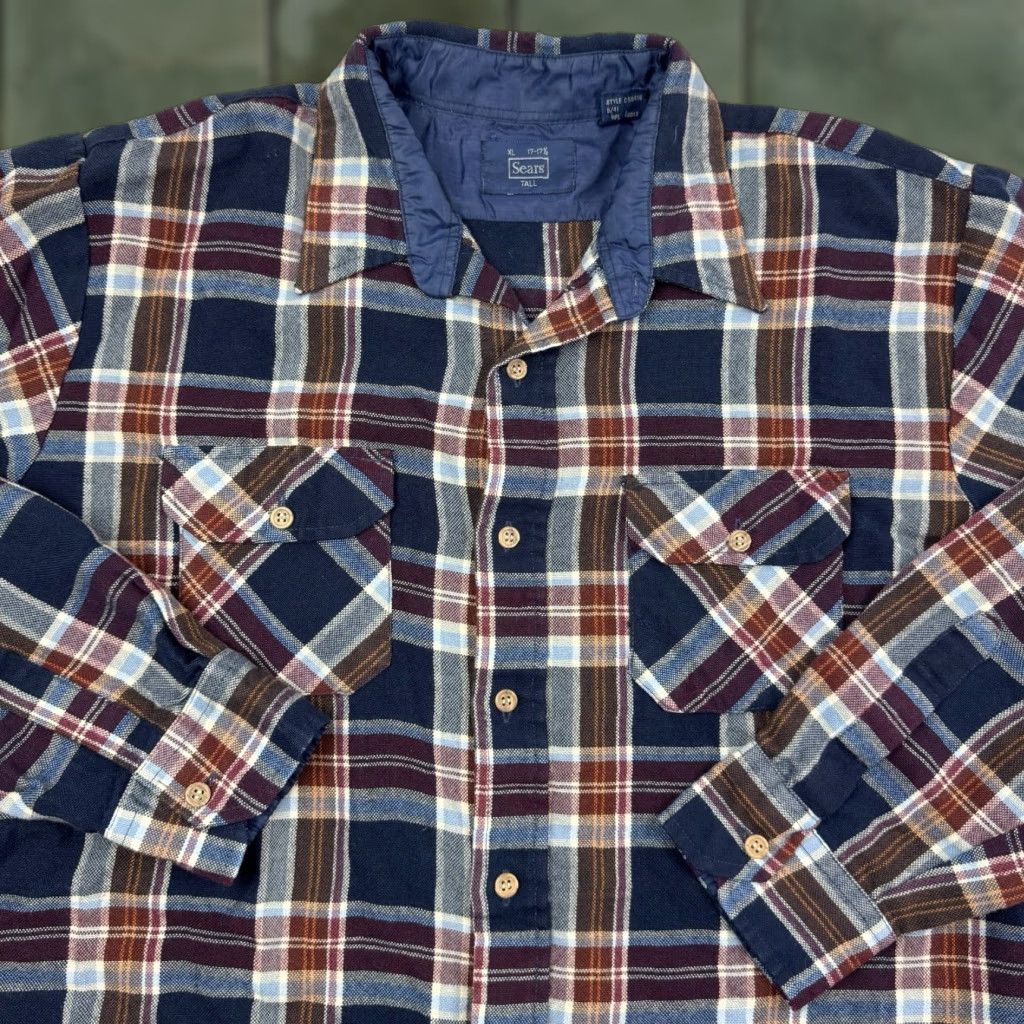 Sears VINTAGE Sears Flannel Shirt Adult XL Tall Plaid 1980s Hipster Blue Long Sleeve Button-Up Mens XLT Size US XL / EU 56 / 4 - 1 Thumbnail