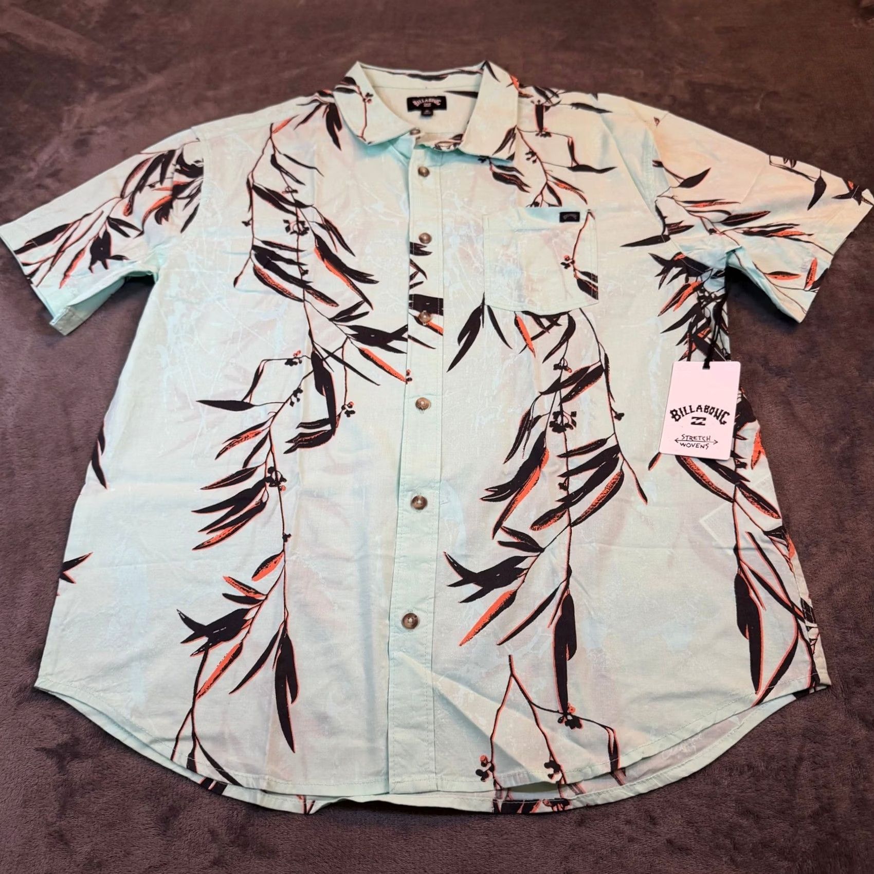 Billabong VINTAGE? No - (not vintage) Shirt Billabong Sundays SS Button Up Mens M Mint Green Floral Stretch NWT Size US M / EU 48-50 / 2 - 3 Thumbnail