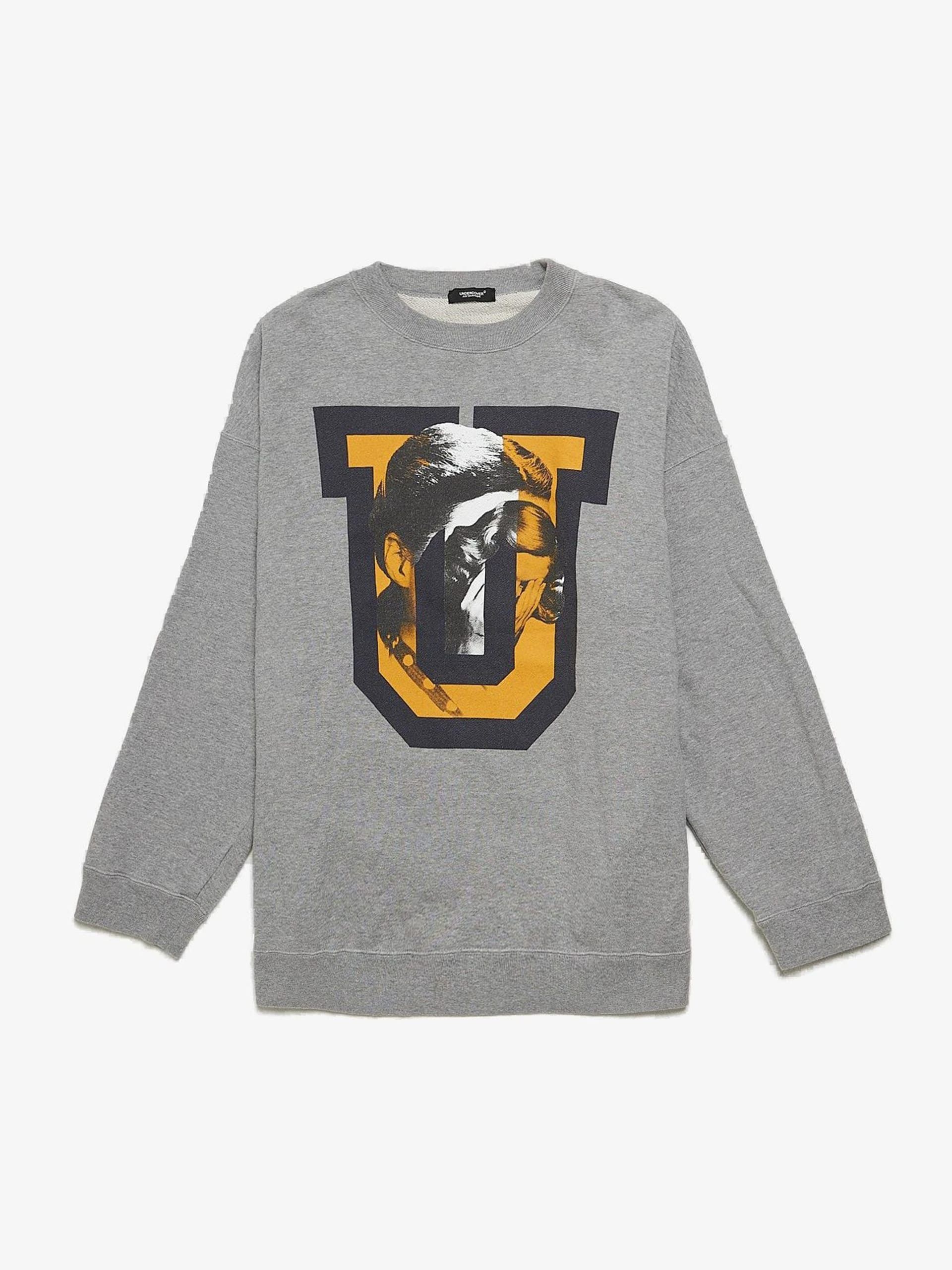 image of Undercover Melange Gray Hidden Faces Printed Cotton Sweatshirt in Grey, Men's (Size Large)