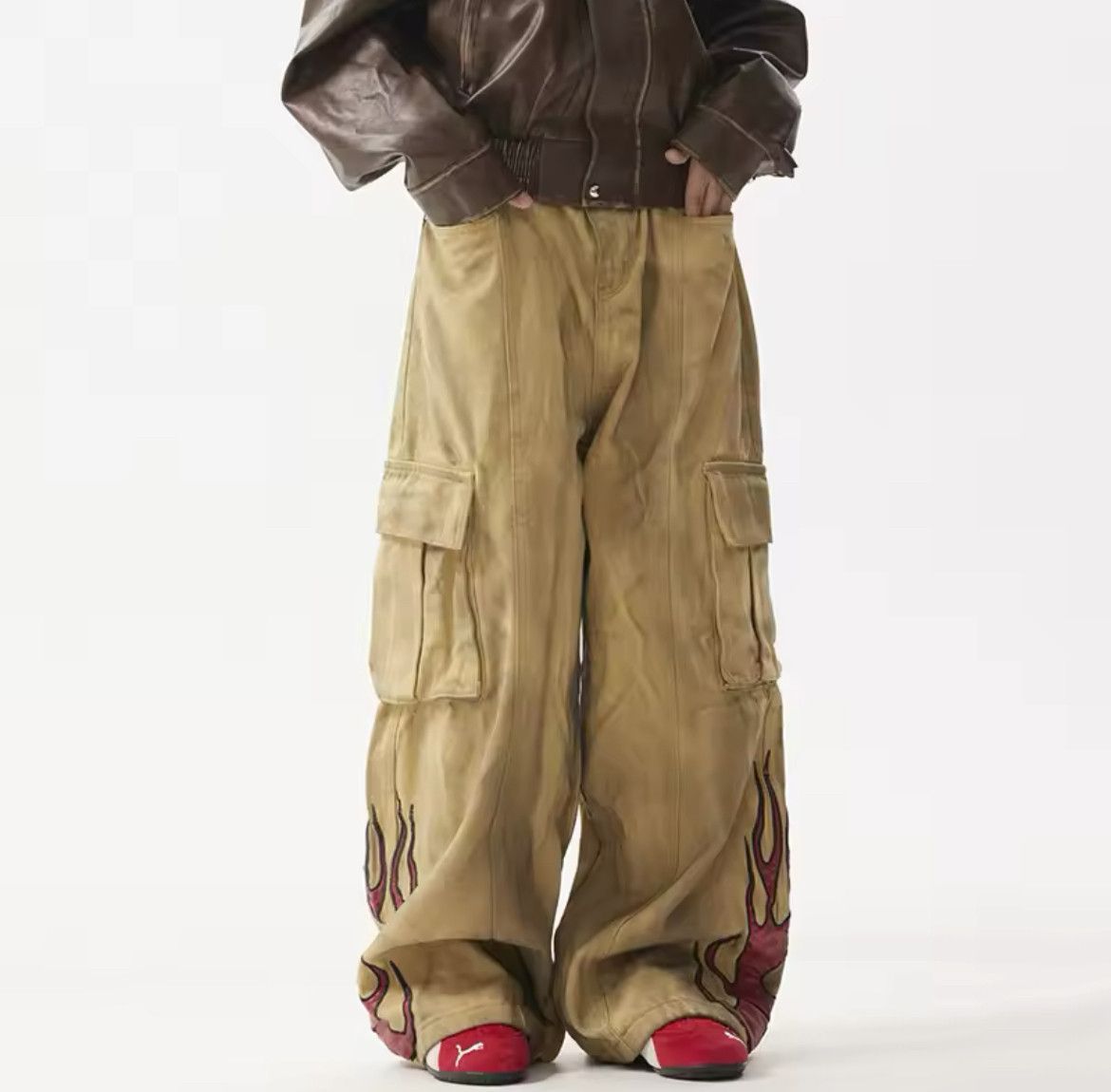 Vintage Khaki Flame Embroidery Wide Leg Jean