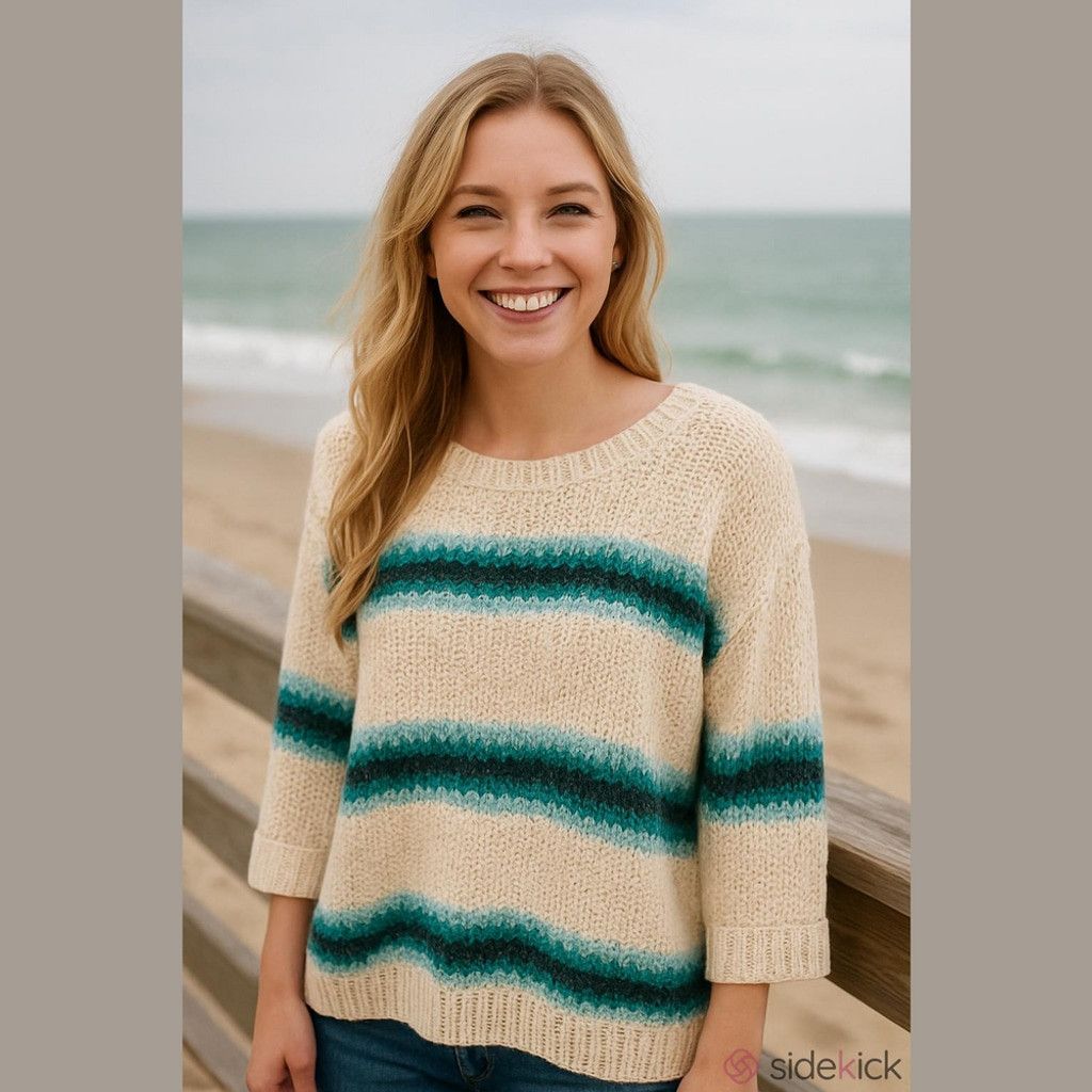 J. Jill Women's J. Jill Cream and Blue Striped Sweater Size L Size L / US 10 / IT 46 - 1 Thumbnail