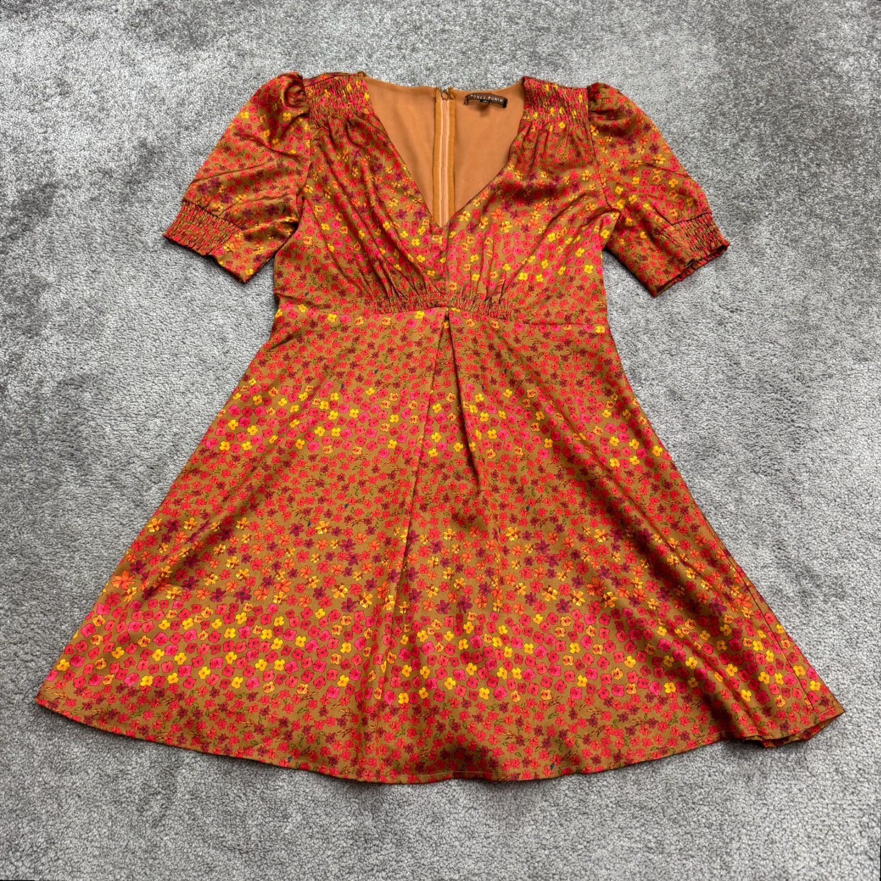 Vintage Honey Punch Dress Womens Large A-Line Mini Floral Rust Brown Puff Short Sleeve Size 36" / US 14 / IT 50 - 2 Thumbnail