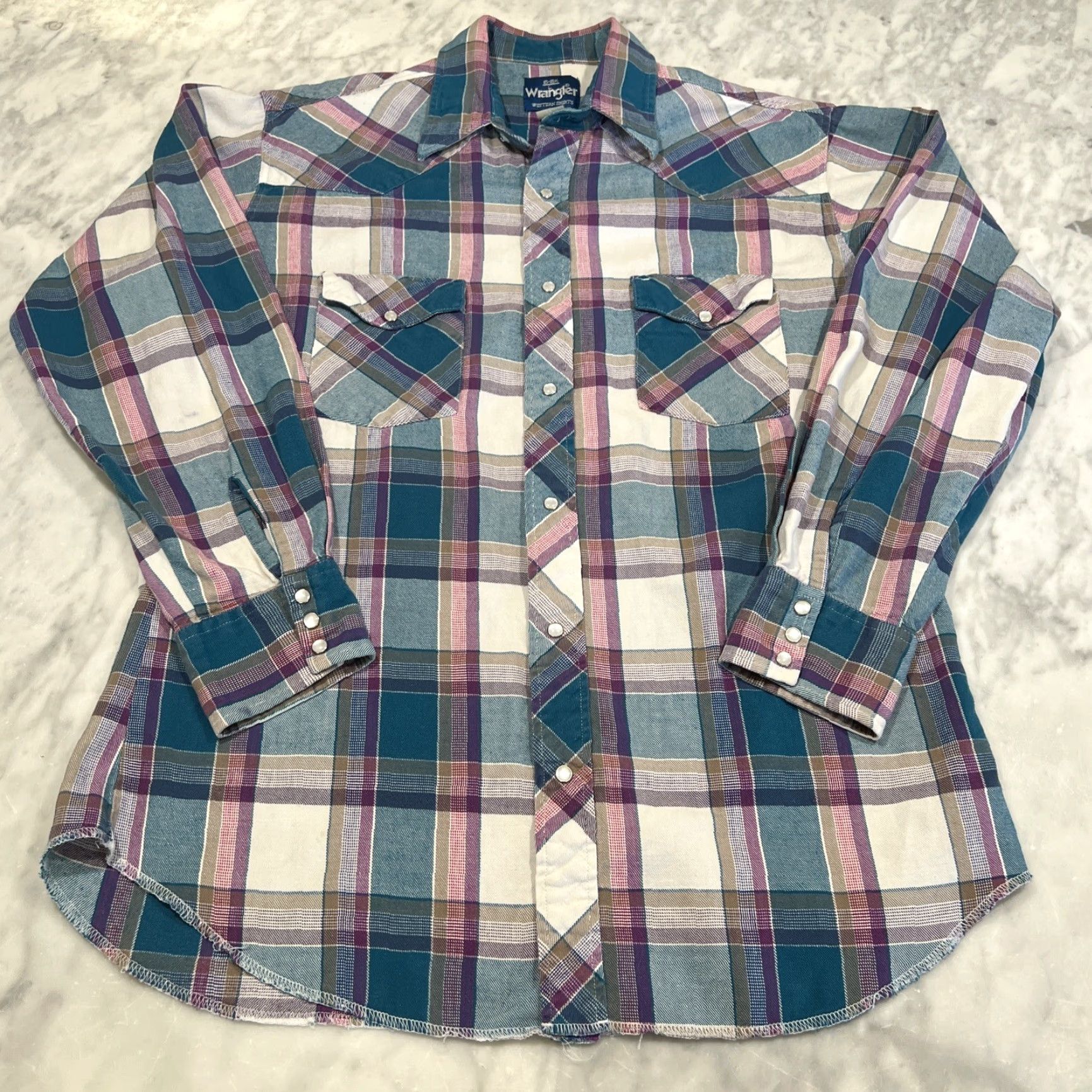 Wrangler VINTAGE Wrangler Western Pearl Snap Shirt Men Large Plaid Long Sleeve Go West Teal Pink Size US L / EU 52-54 / 3 - 2 Thumbnail