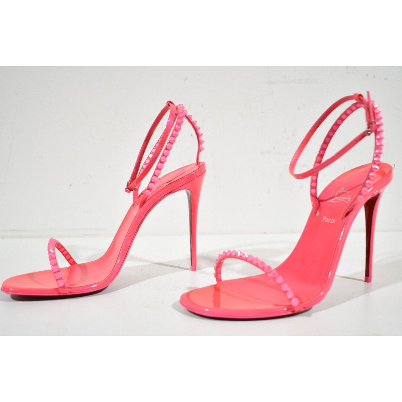 Christian Louboutin So Me 100 Fluo Pink Patent Ankle Strap Sandal Heel Pump 39.5 Size US 9.5 / IT 39.5 - 9 Thumbnail