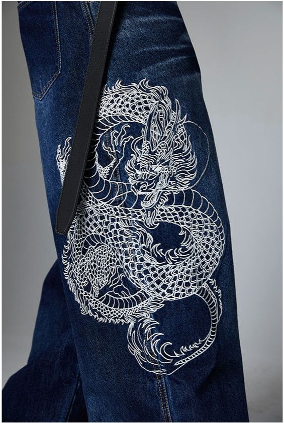 Japanese Brand Embroidered Dragon Totem Baggy Jeans Size US 33 - 4 Thumbnail