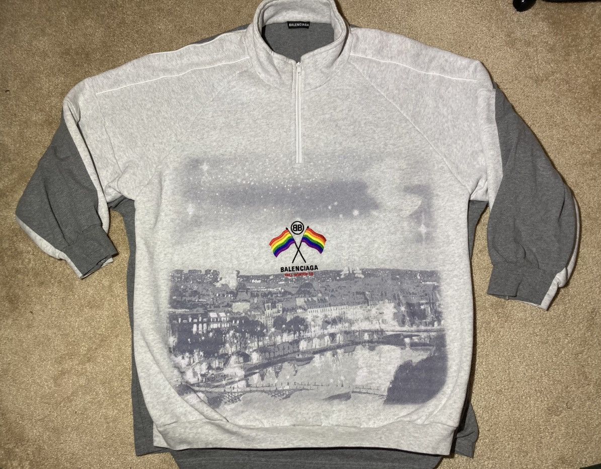image of Fw18 Balenciaga Rainbow Fleece Hybrid Sweater Pride 2018 Bb in Grey, Men's (Size Medium)