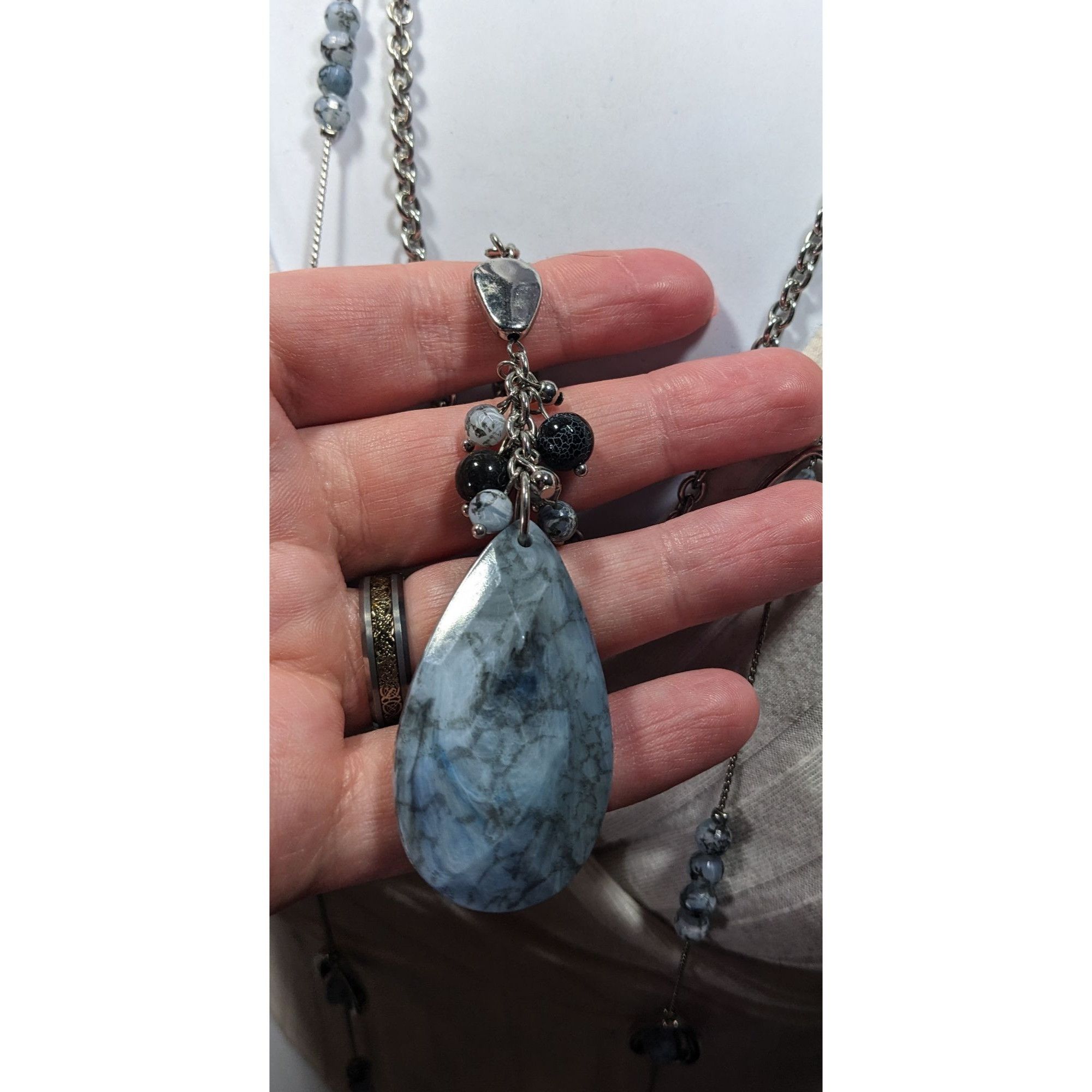 Chicos Chico's Blue Stone Teardrop And Charm Silver Tone Chain Neck Size ONE SIZE - 4 Thumbnail