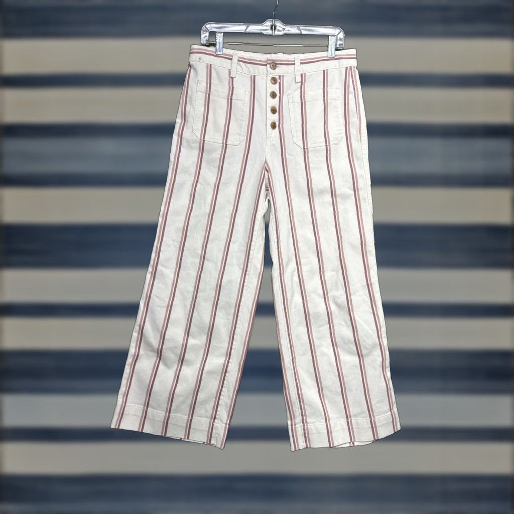 Gap Gap Pants Womens 10 White Striped High Rise Wide Leg Crop Twill Casual Pockets Size 32" / US 10 / IT 46 - 1 Thumbnail