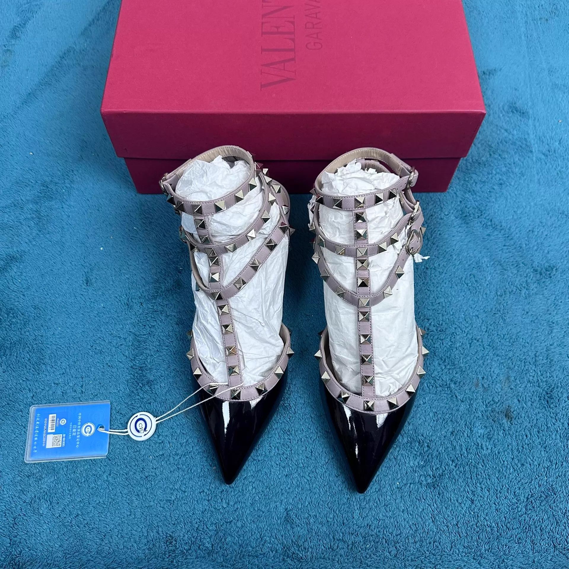 Valentino Valentino Rockstud Patent Pointed Triple Stud Heels Black Size US 6.5 / IT 36.5 - 1 Thumbnail