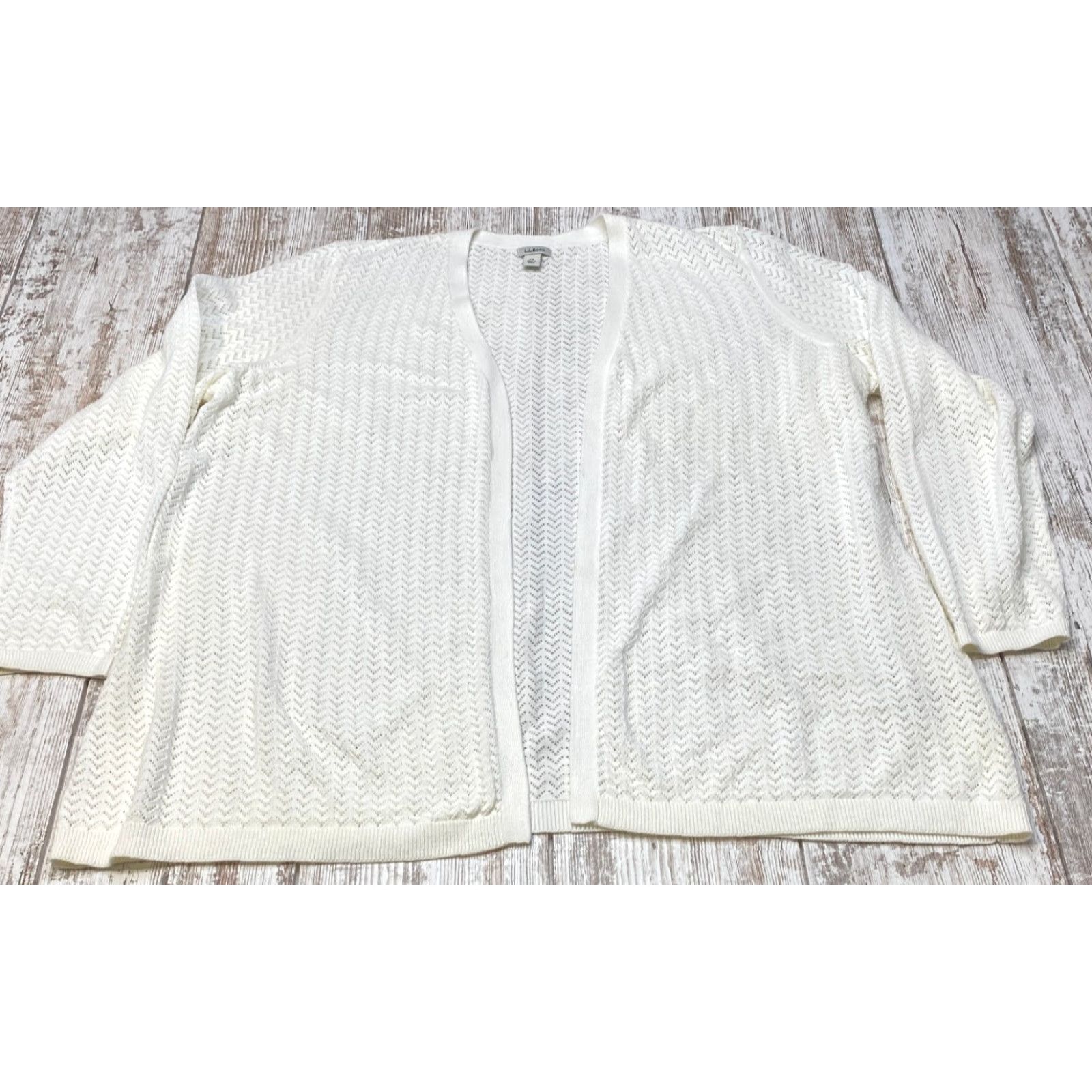 Vintage L.L. Bean Open Front Sweater 2XL Womens White 100% Cotton Cardigan Raglan Open Front Chevron Design Size XXL / US 16-18 / IT 52-54 - 2 Thumbnail