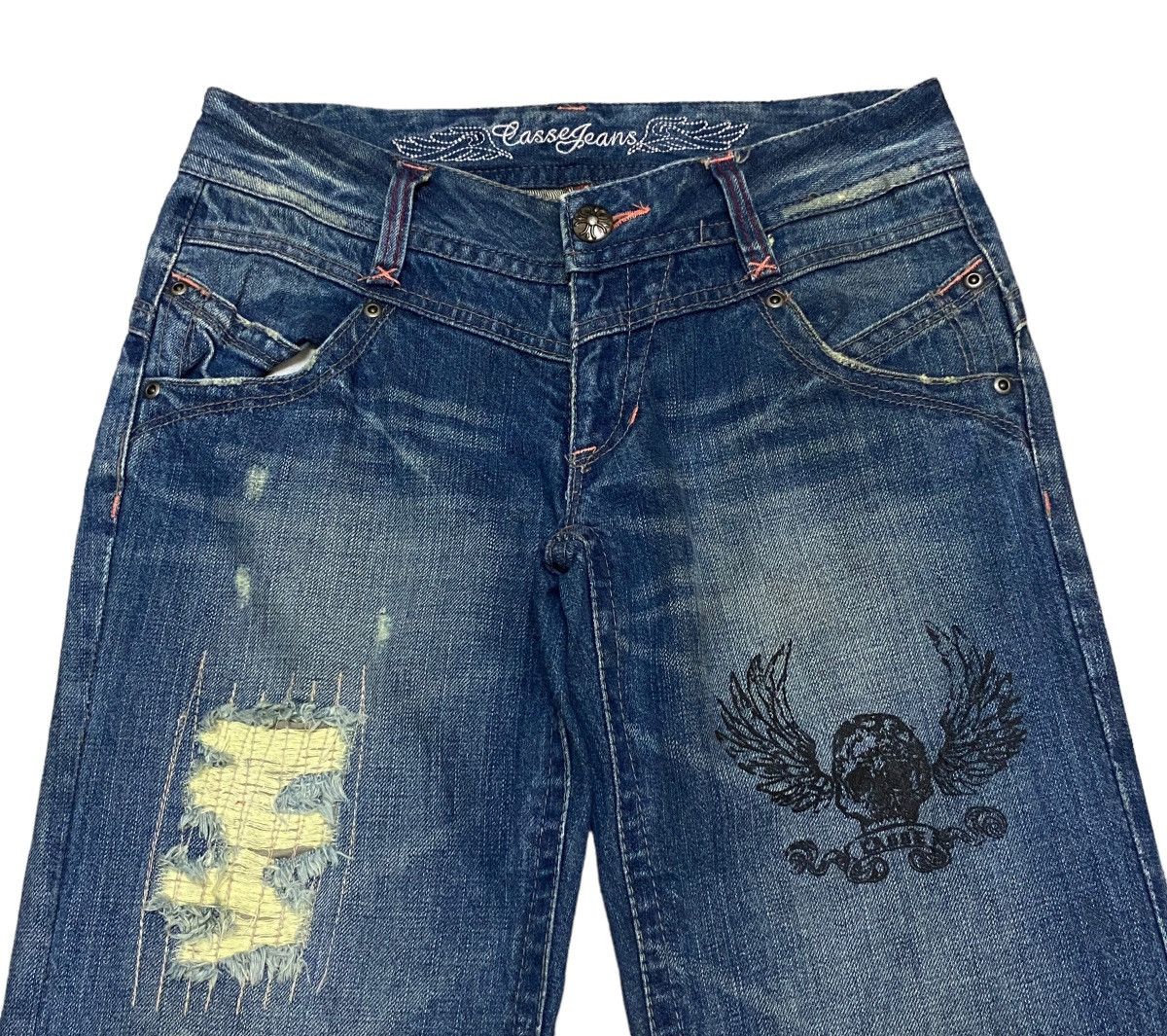 Le Grande Bleu (L.G.B.) Rare Design Vintage Brand Casse Ripped Flared Jeans 2000s Size US 30 / EU 46 - 3 Thumbnail