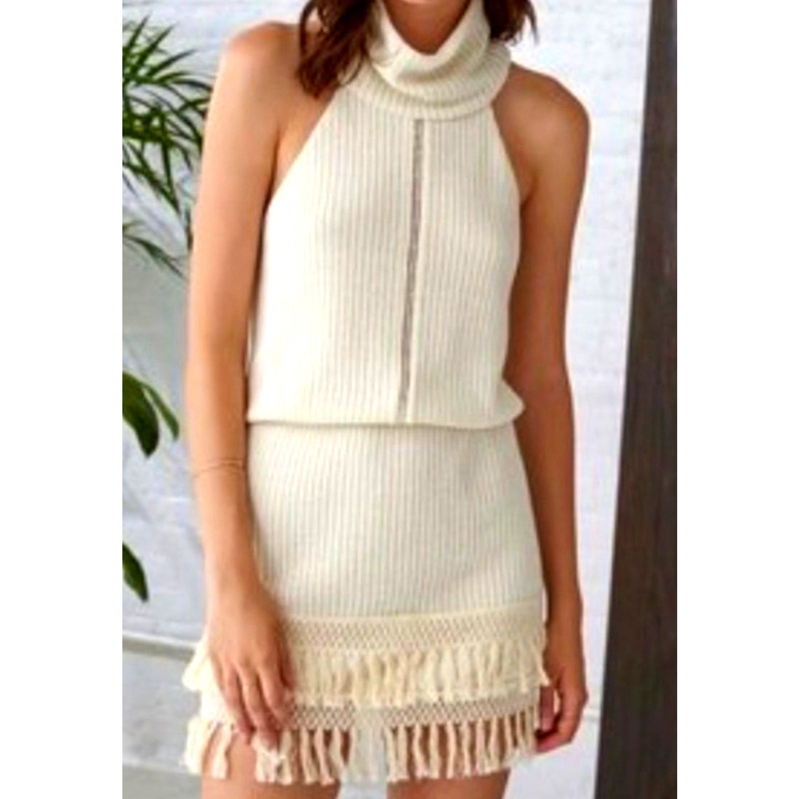 Saylor Saylor Rosario Halter Knit Fringe Dress in Ecru M Size M / US 6-8 / IT 42-44 - 2 Thumbnail