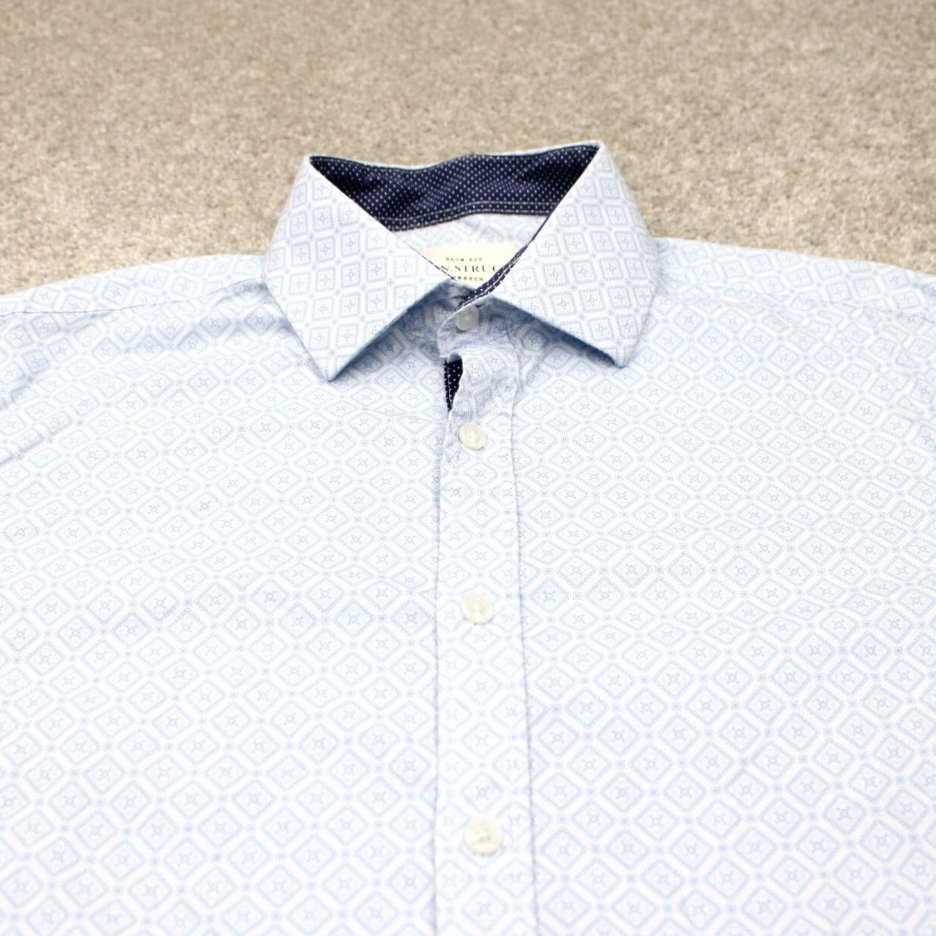 Vintage Construct Blue Slim Fit Dress Shirt Mens 15 1/2 33/34 L/S Non-Iron Quick Dry 97% Cotton 3% Spandex Button Collar Barrel Cuff Geometric Pattern Size US L / EU 52-54 / 3 - 5 Thumbnail