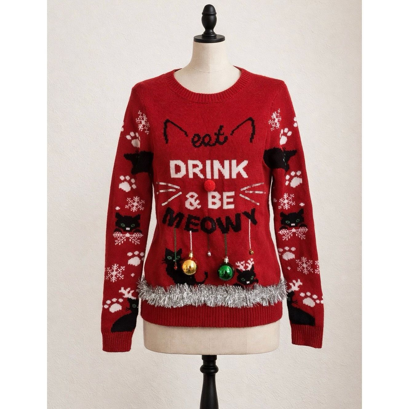 Other No Boundaries Cat Ugly Christmas Sweater Red “Drink & Be Meo Size S / US 4 / IT 40 - 1 Thumbnail