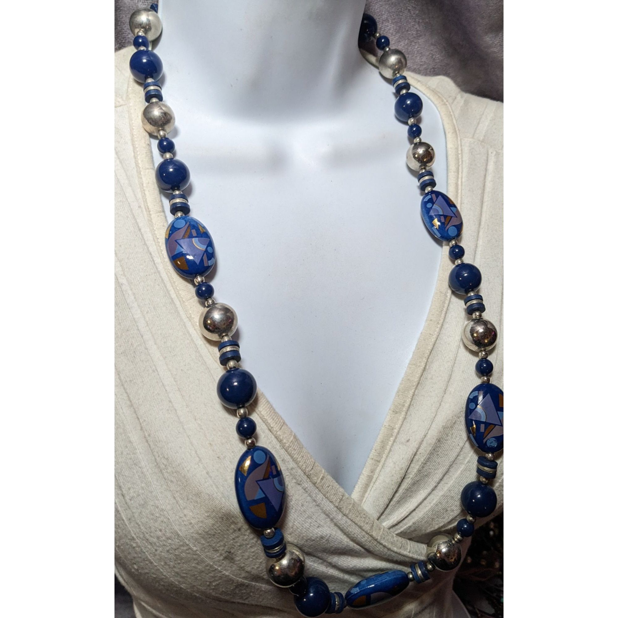 Other Vintage 80s/90s Blue And Silver Geometric Printed Japan Bead Size ONE SIZE - 5 Thumbnail