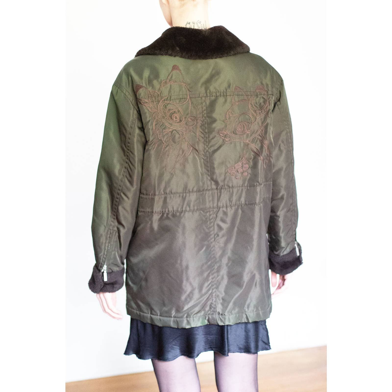 image of Vintage Iceberg Army Green Shearling Bomber With Deer, Women's (Size Medium)