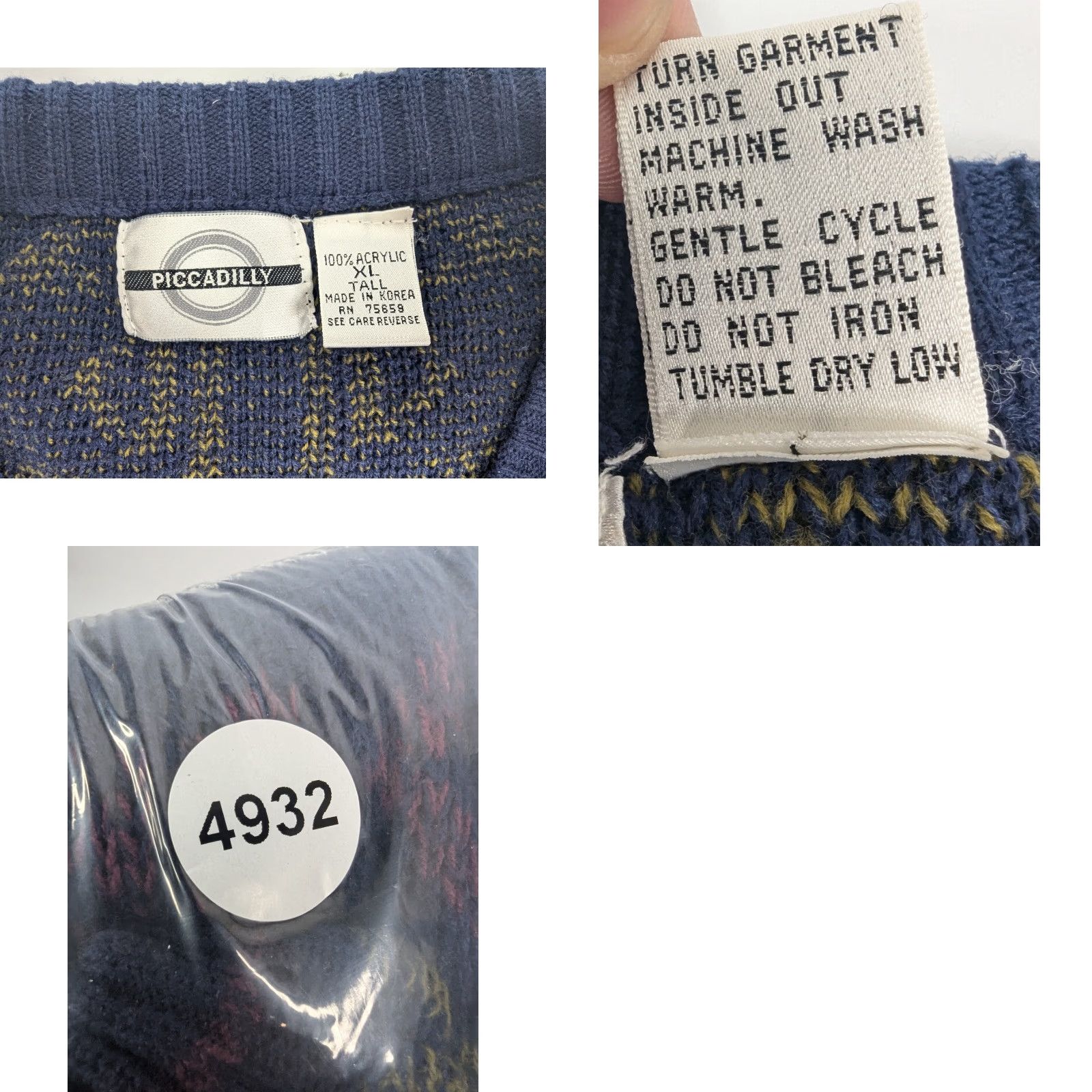 Vintage VINTAGE Piccadilly Mens XLT Navy Geometric Crew Neck Sweater 80s Big & Tall Pullover Knit Acrylic Size US XL / EU 56 / 4 - 8 Thumbnail