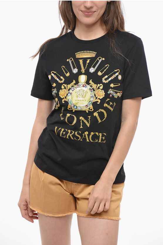 image of Versace Maxi Golden Printed Crew-Neck T-Shirt in Black, Women's (Size XS)