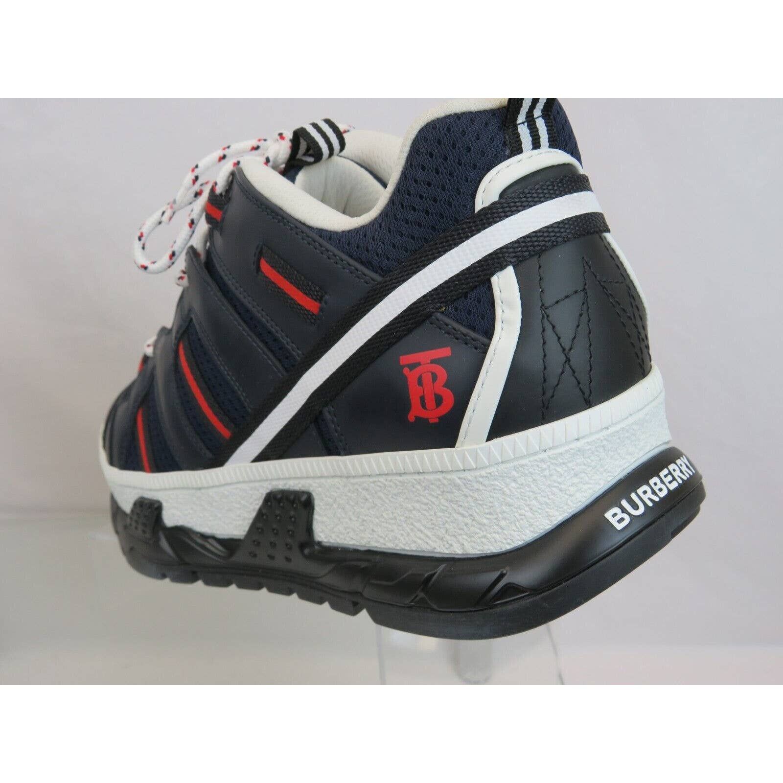 image of Burberry Union Navy Leather Mesh Red Logo Low Top Sneakers 10 Us 43 in Blue, Men's