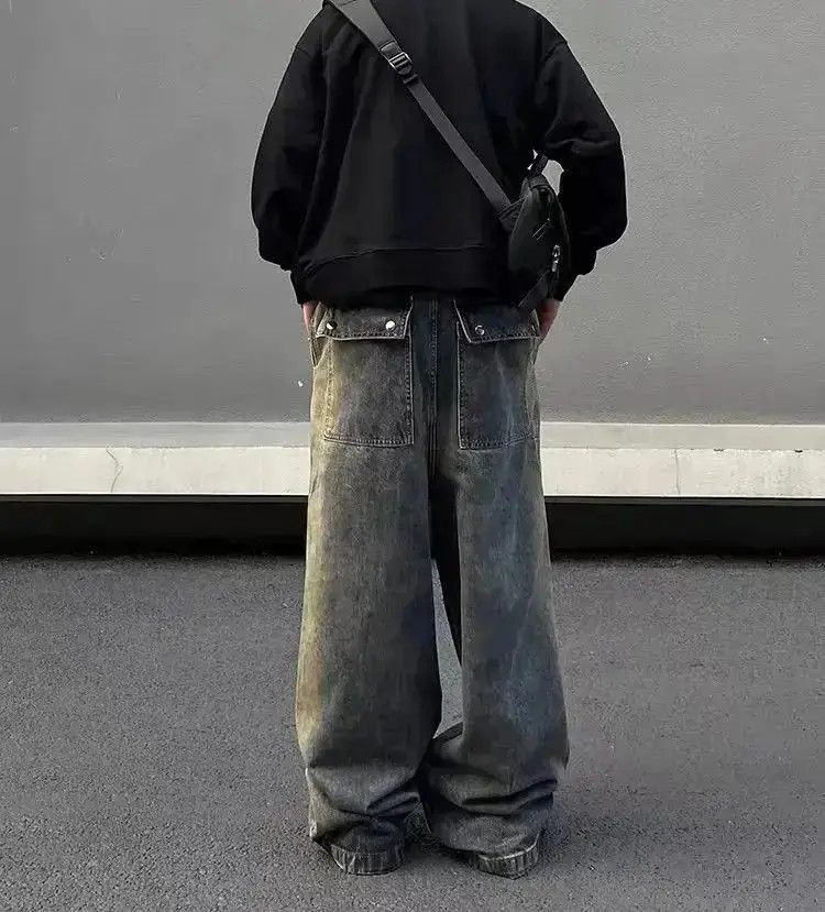 Japanese Brand Retro wash gradient drawstring work wide leg jeans Size US 34 / EU 50 - 2 Thumbnail
