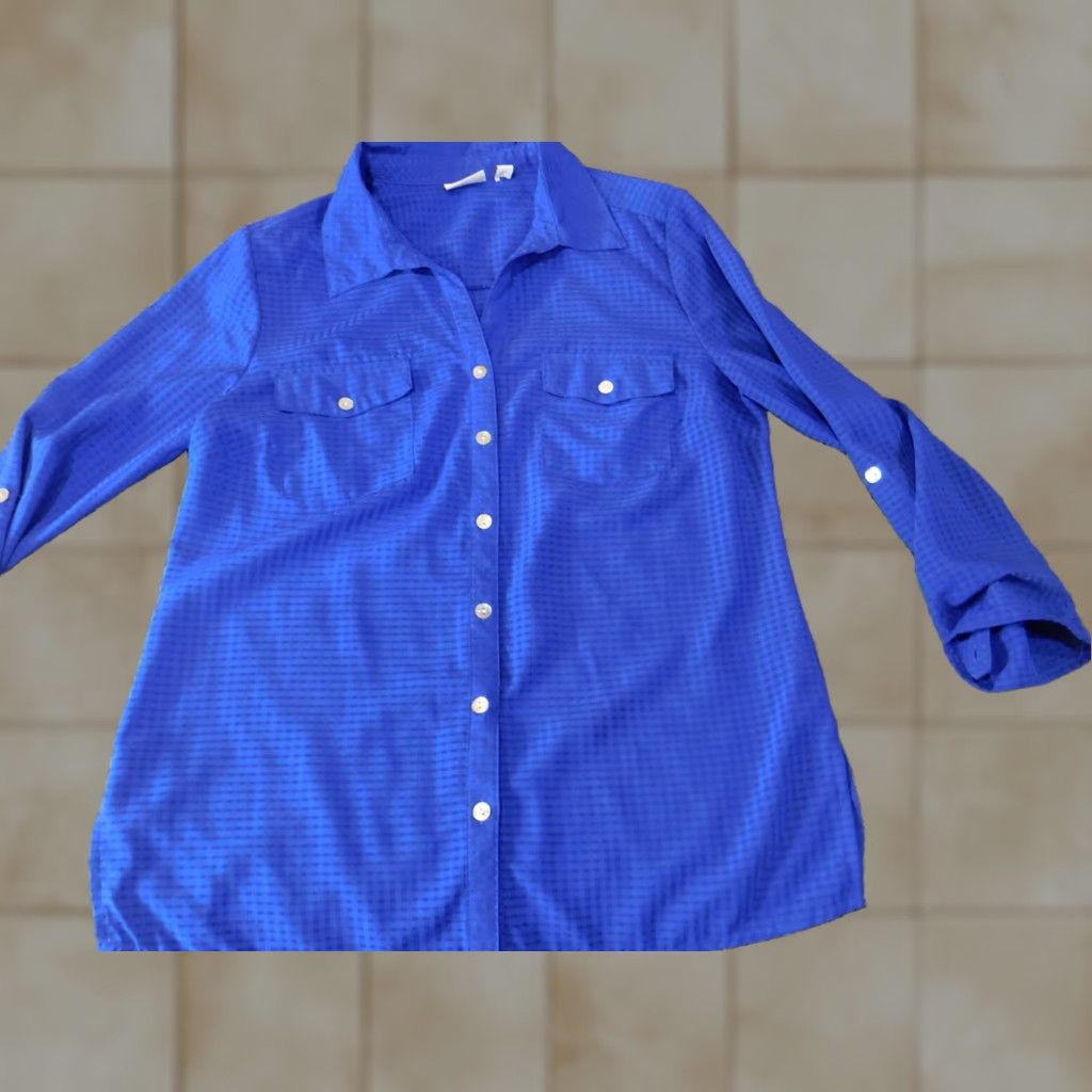 Vintage Kim Rogers Womens Blouse PM Petites Blue Button-Up Plaid Polyester Shirt Short Sleeve Collared Casual Knit Stretch Gud? Size M / US 6-8 / IT 42-44 - 1 Thumbnail