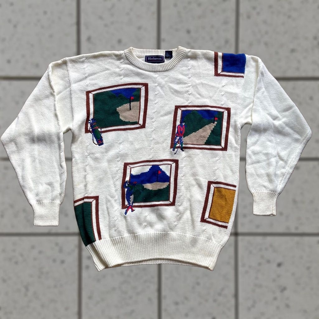 Vintage VINTAGE Hathaway Sweater Mens M cream ivory 90s Golf Size Hand Intarsia Knit Cotton Size US M / EU 48-50 / 2 - 1 Thumbnail