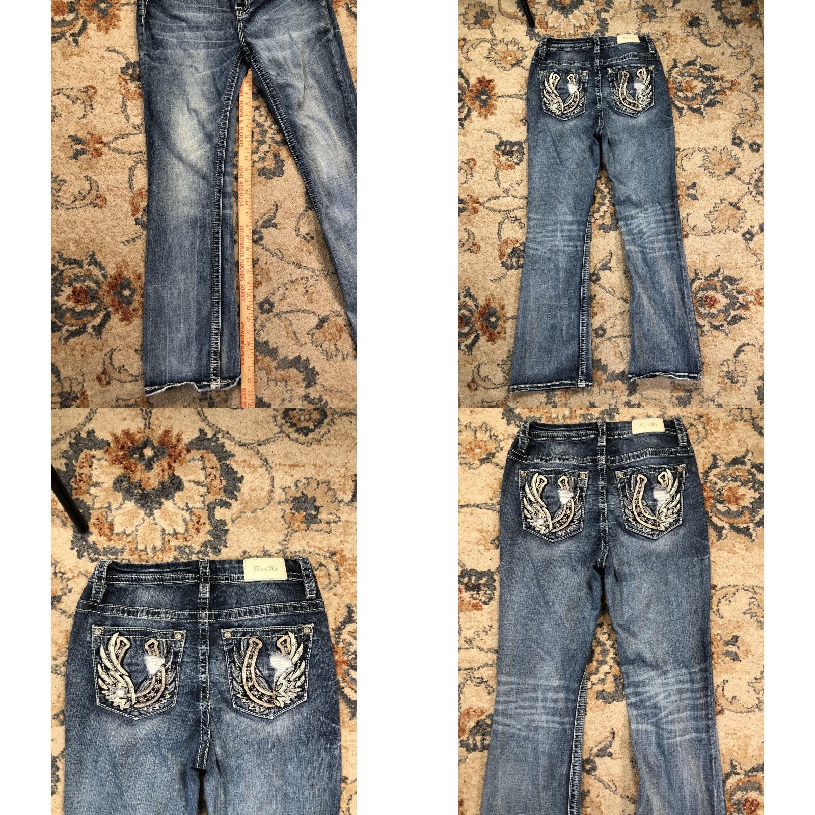 Miss Me Miss Me Jeans Womens 29 Blue Bootcut Horseshoe Embroidered Rhinestone Pockets Jeans Size 29" - 8 Thumbnail