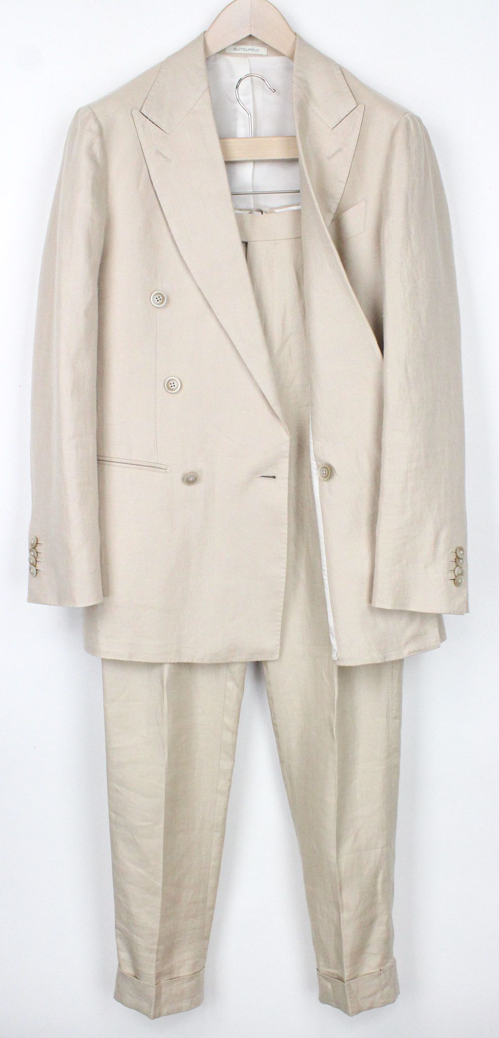 image of Suitsupply Havana Low Uk38R Beige Two-Row Slim Linen Suit 72245, Men's