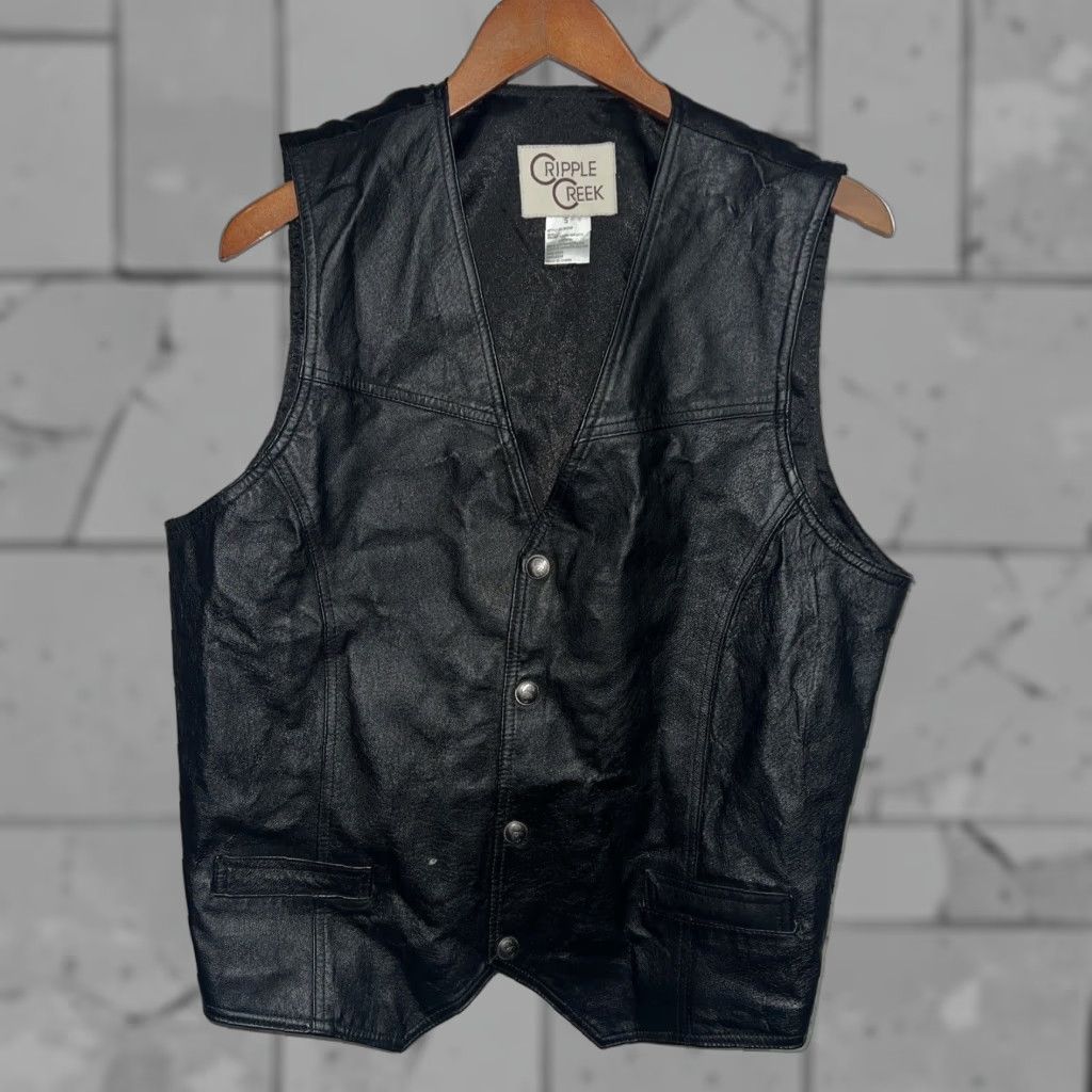 Vintage Cripple Creek Leather Biker Vest Mens Small Black Snap Button Size US S / EU 44-46 / 1 - 1 Thumbnail