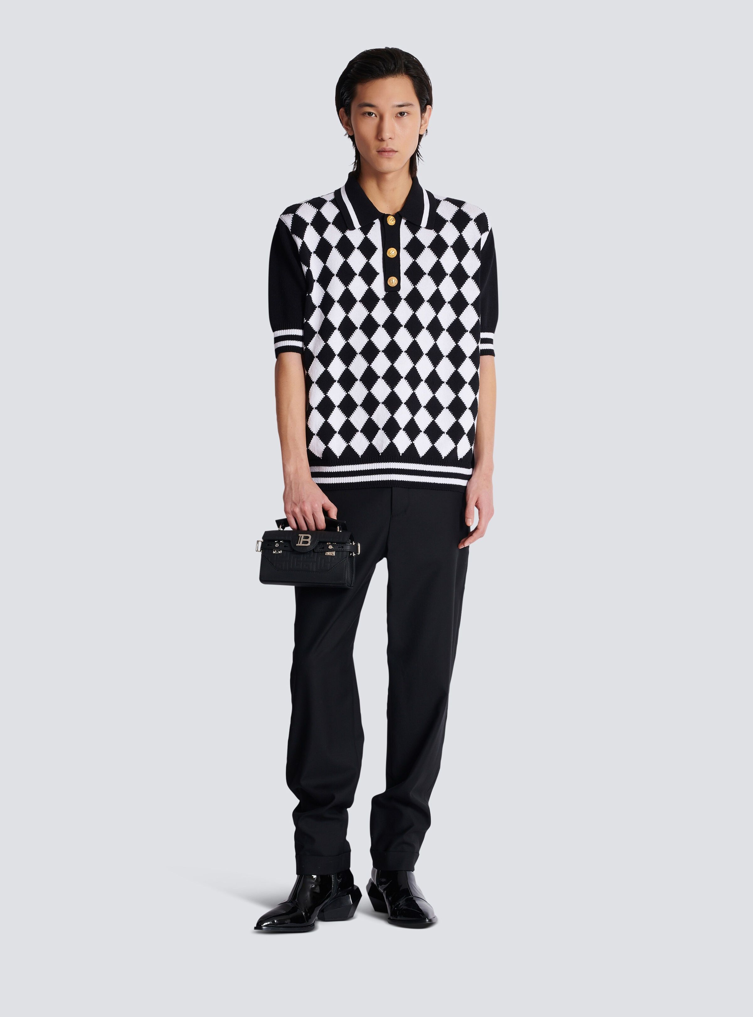 Balmain o1s1wg110925 Knitted Diamond Polo Shirt in Black/White Size US L / EU 52-54 / 3 - 2 Thumbnail