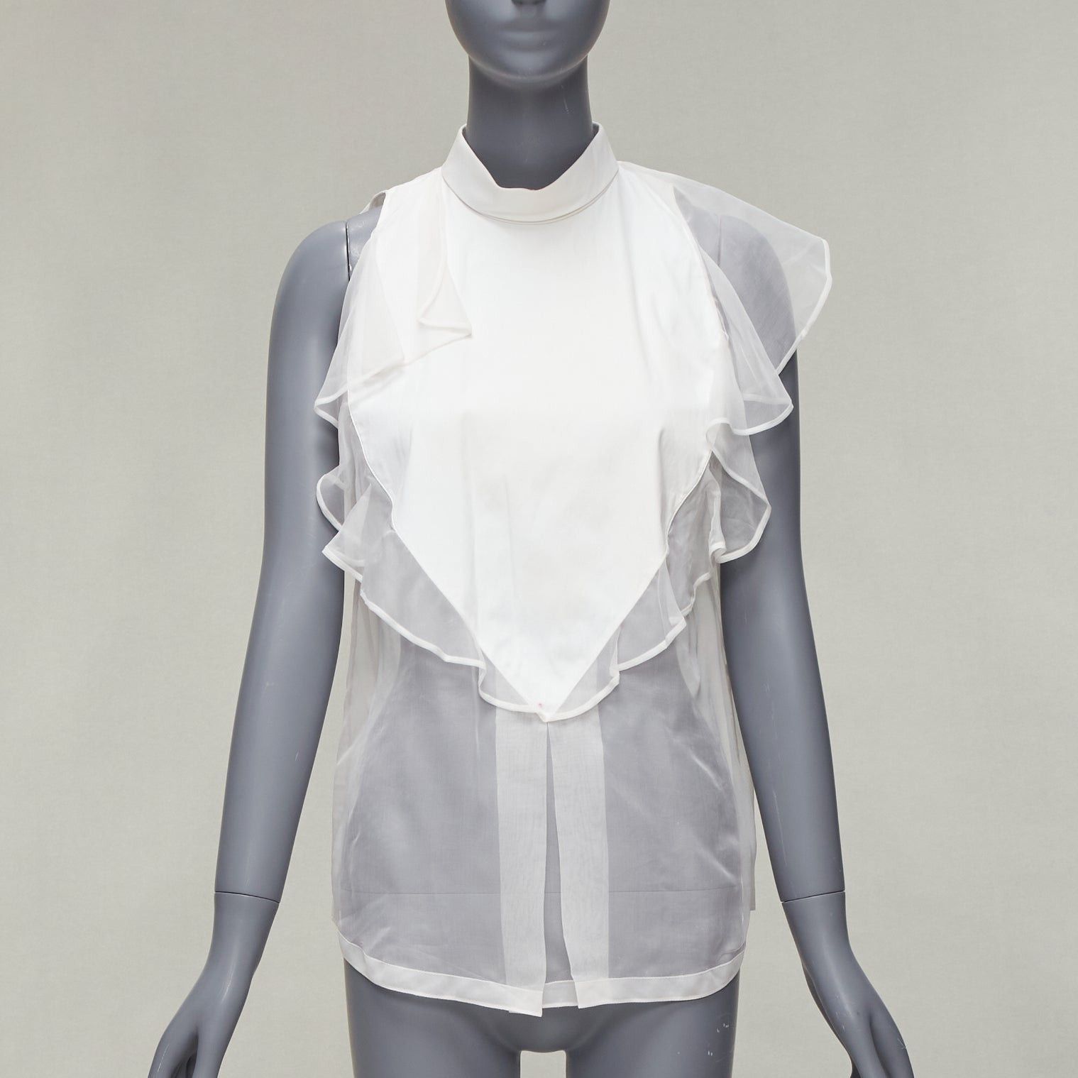 Givenchy GIVENCHY white silky sheer ruffles front hi neck collar sleeveless shirt Size S / US 4 / IT 40 - 1 Thumbnail
