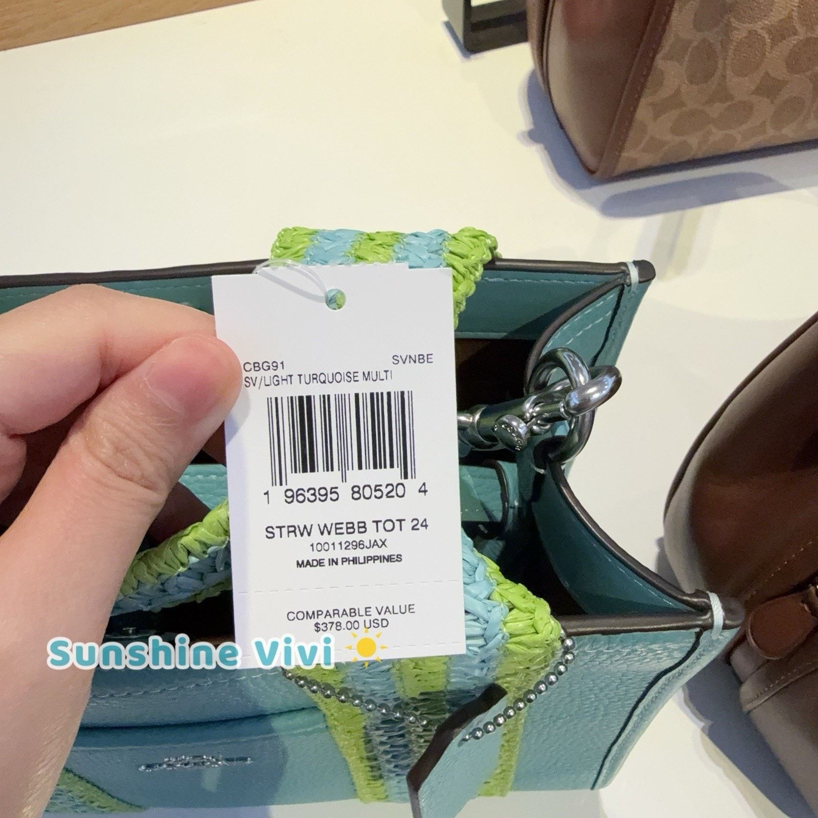 Coach NWT Coach Smith Tote Bag 24 CBG91 Straw Leather Turquoise Size ONE SIZE - 4 Thumbnail