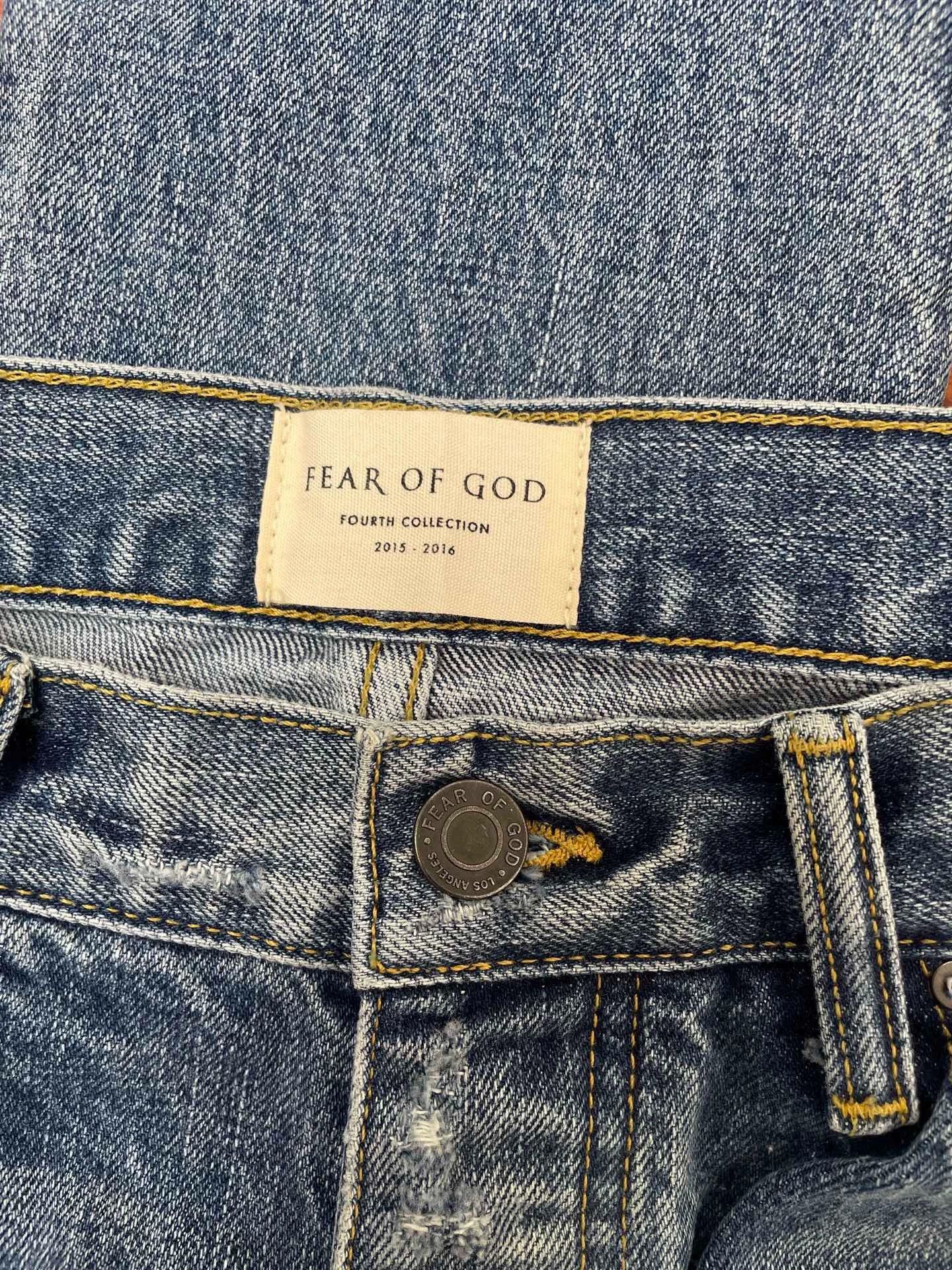 Fear of God FOG 4th Blue Denim Jeans 32W Distressed Yellow Trim Size US 32 / EU 48 - 3 Thumbnail