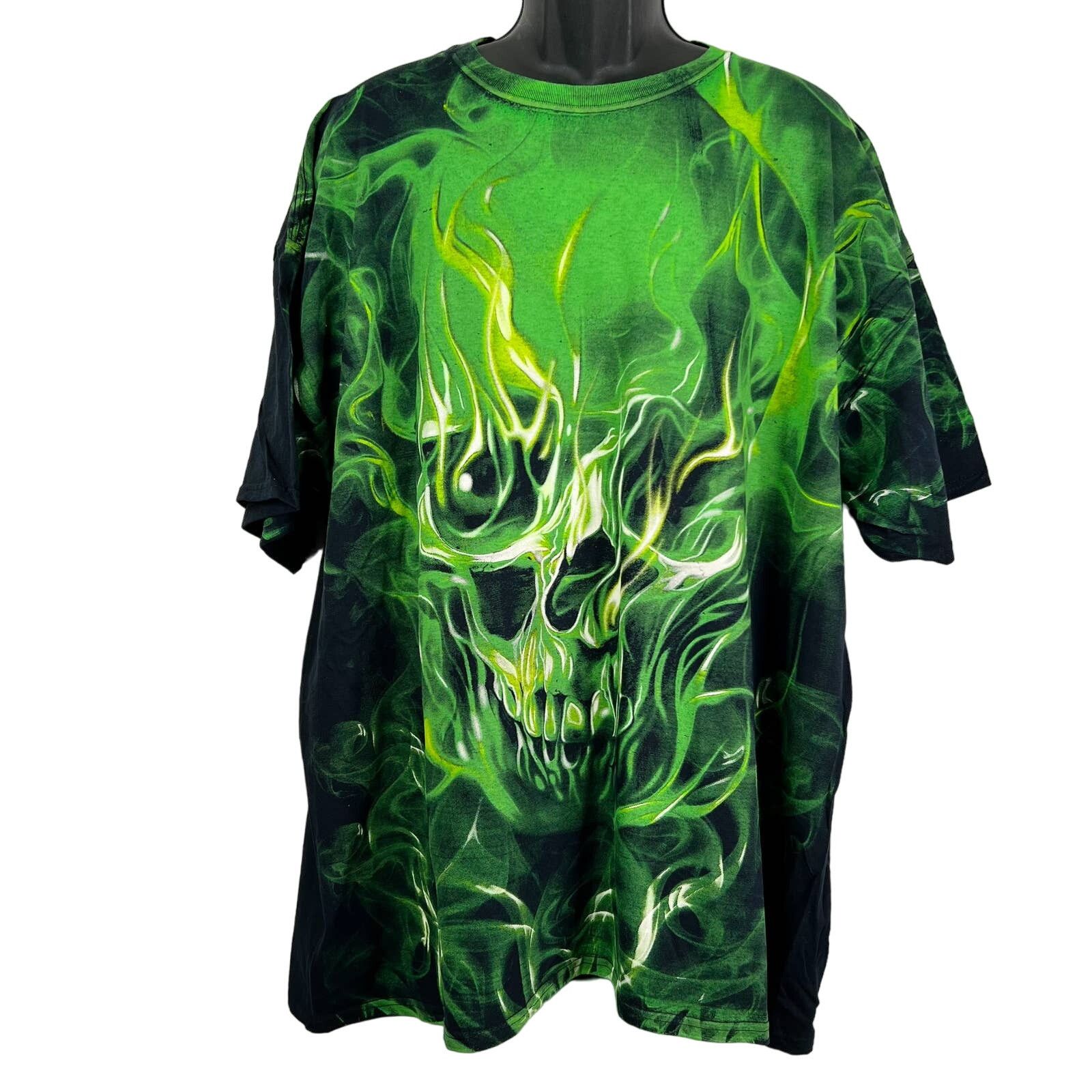 image of Vintage “Social Media Green Skull And Flames” T-Shirt Nwot, Men's (Size 2XL)