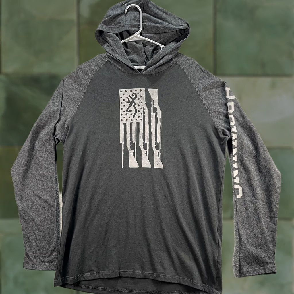 Vintage Browning Shirt Mens Large Gray Hooded Long Sleeve Raglan Buckmark Flag Graphic Size US L / EU 52-54 / 3 - 1 Thumbnail