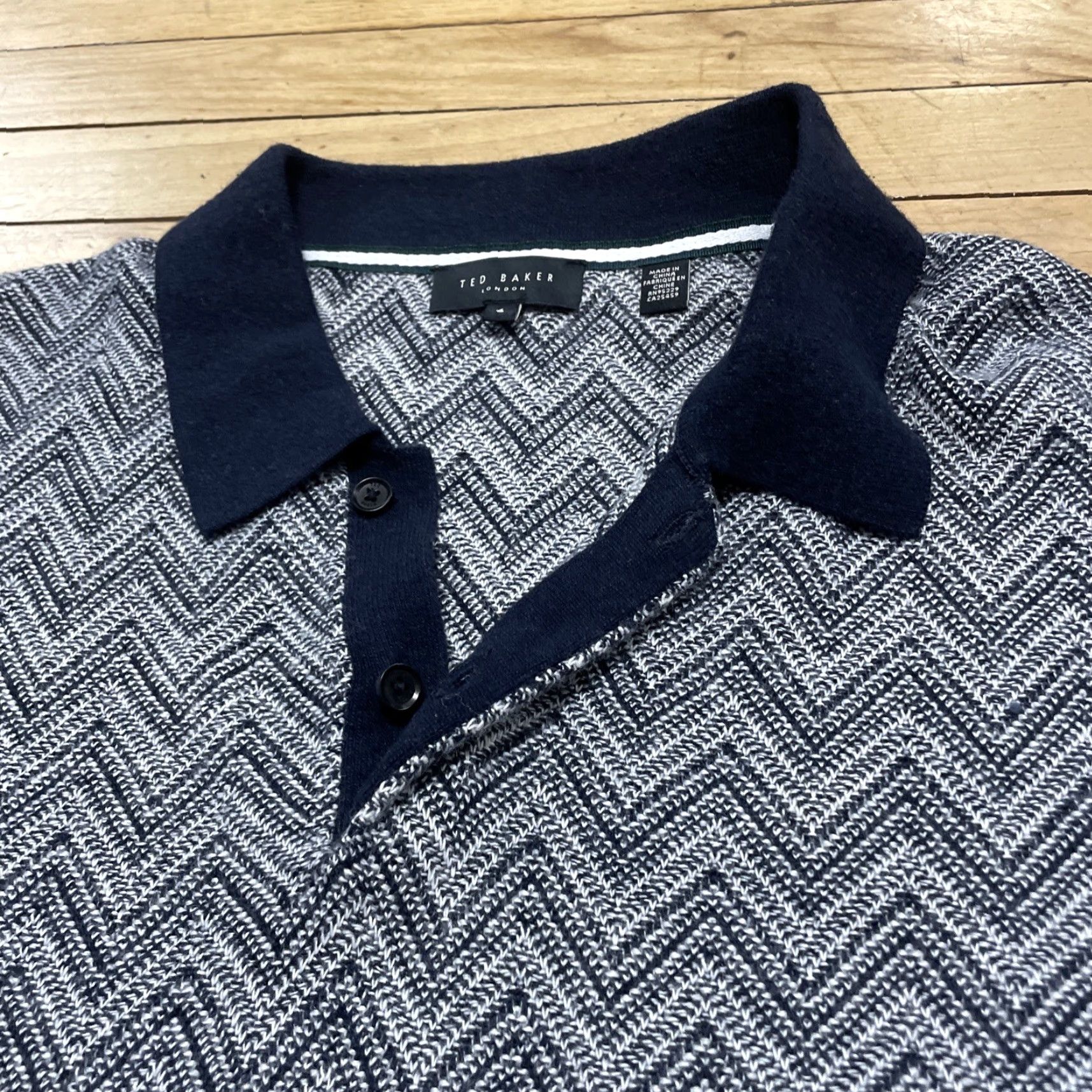 Ted Baker Ted Baker London Men 6 Waldun Navy Cream Zig Zag Stitch Polo Shirt Short Sleeve Geometric Pattern Polo Shirt Mens XS-XL Corporate Casual Dressy Size US S / EU 44-46 / 1 - 5 Thumbnail