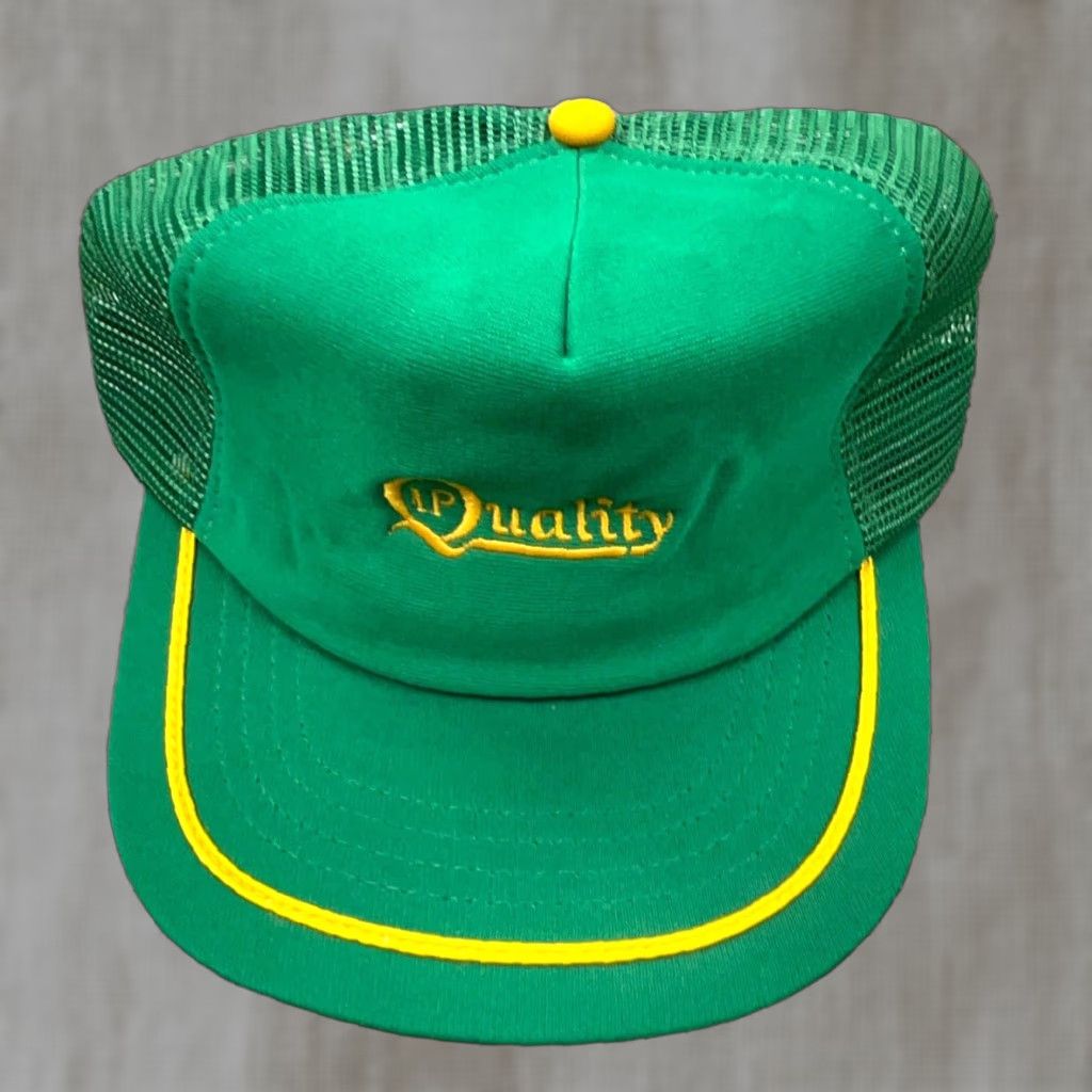 Vintage VINTAGE Trucker Hat Cap Green Yellow Made In USA 80s Stripe Farm IP Quality Snap Adjustable Mens Hat Green 80s USA Trucker Size ONE SIZE - 1 Thumbnail