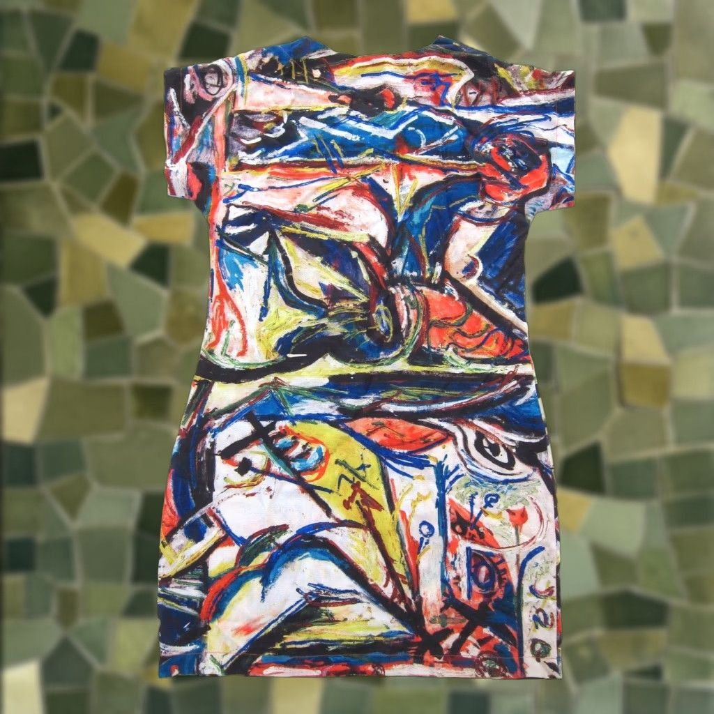 Denim & Co. VINTAGE Saia Com Arte Orange Blue Yellow Painted Art Short Sleeve Tunic Dress S-M Size 28" / US 6 / IT 42 - 1 Thumbnail