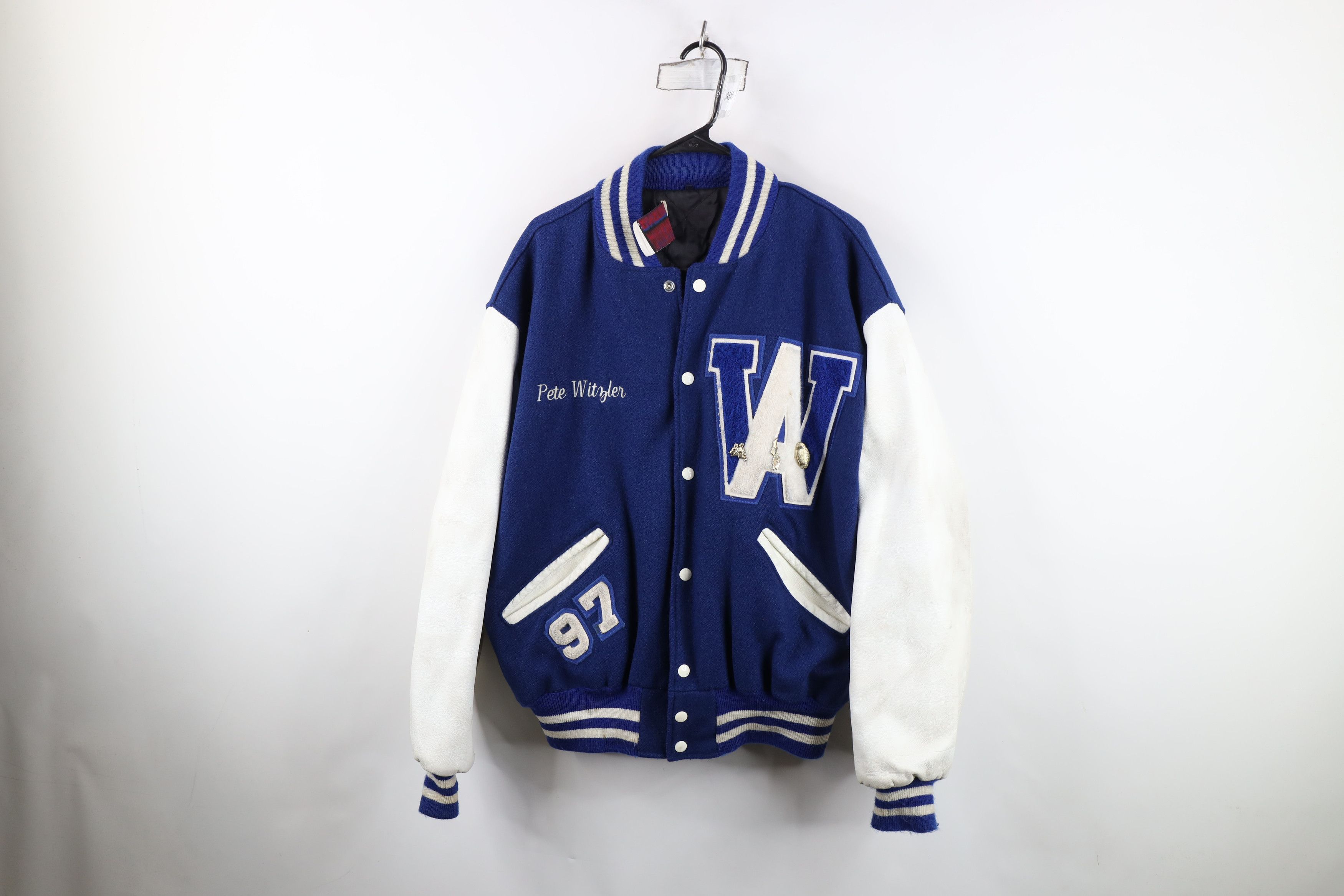 Vintage Vintage 90s Wool Leather Varsity Letterman Jacket Blue USA Size US XL / EU 56 / 4 - 1 Thumbnail
