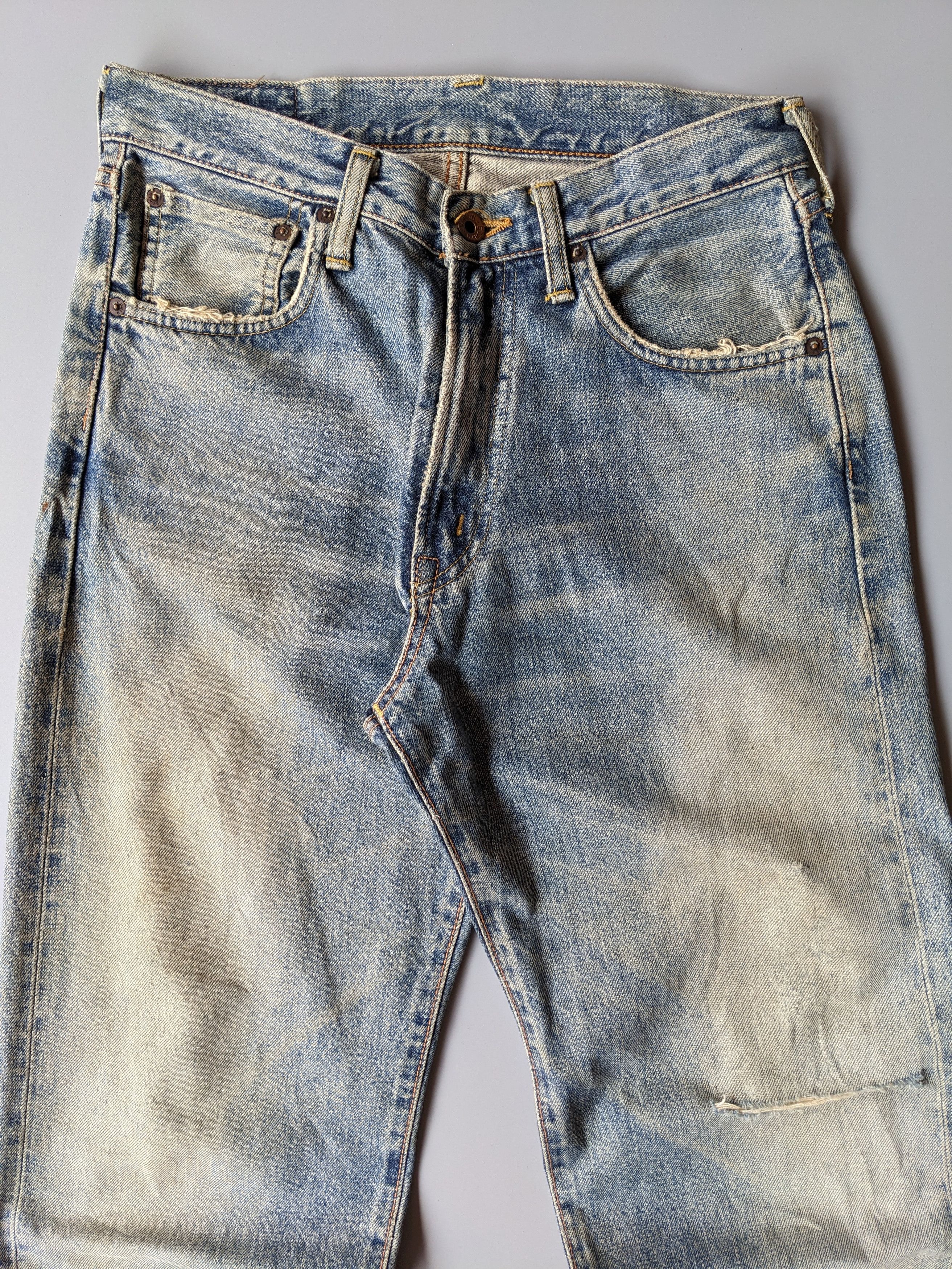 Edwin 505x faded blue distressed selvedge jeans
