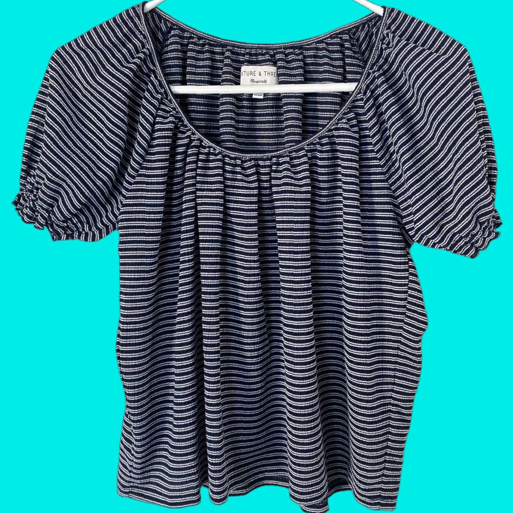 Madewell Madewell Striped Top Blouse Texture & Thread Peasant XS Womens Blue White Stripe Short Sleeve Size XS / US 0-2 / IT 36-38 - 1 Thumbnail