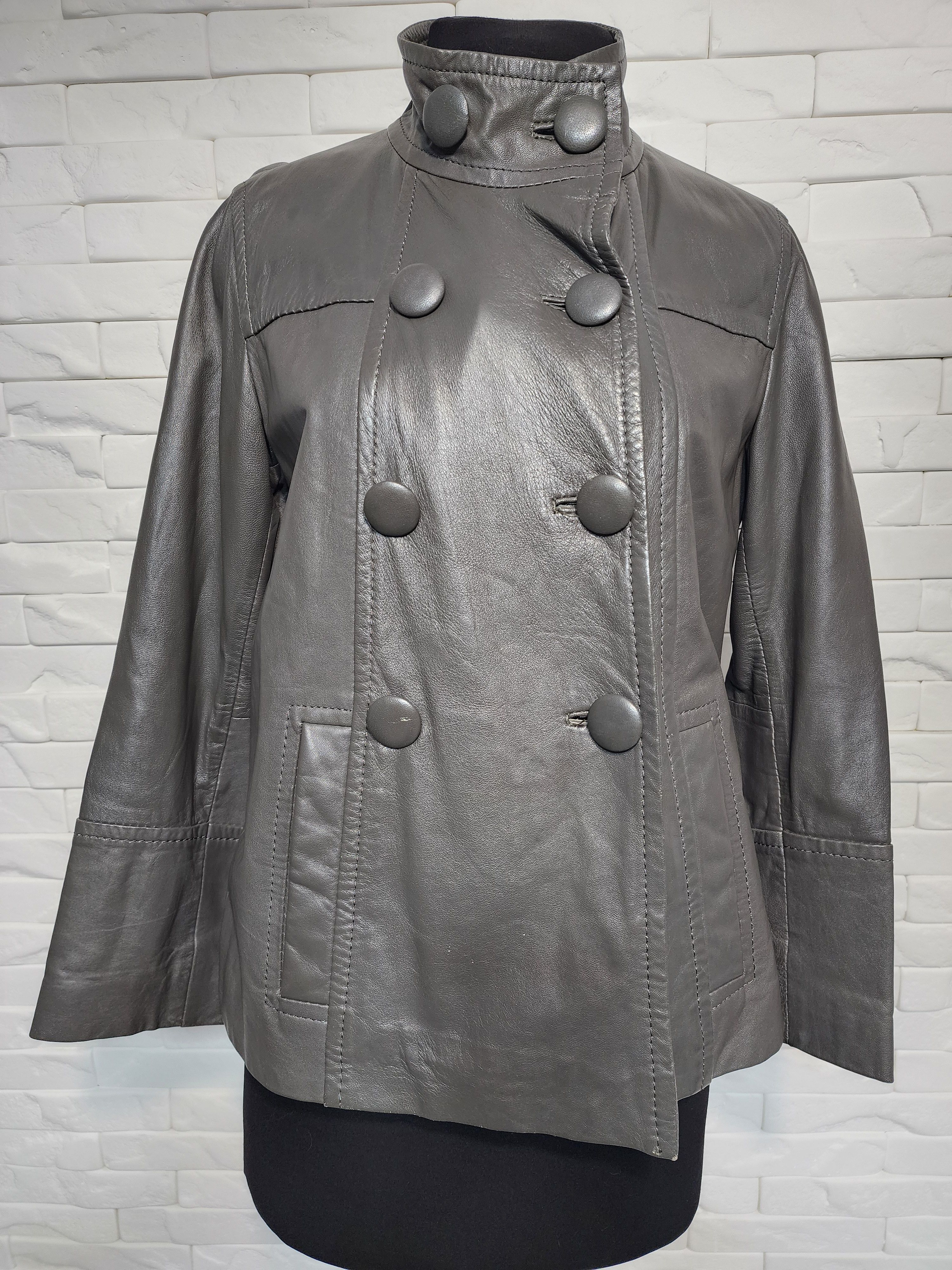 Gray Leather Jacket: Women's Business Style Metal Buttons