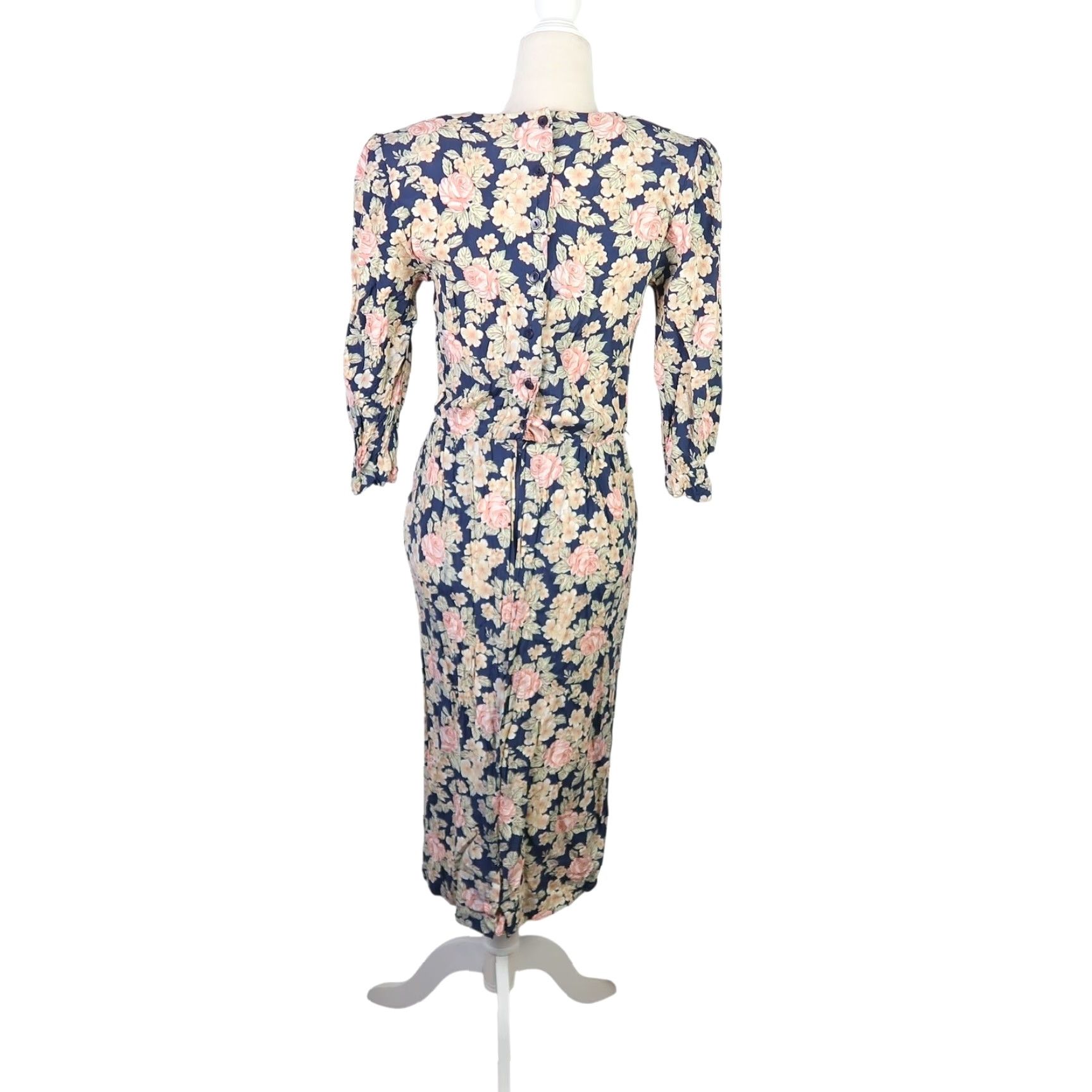 Vintage VINTAGE 80s E.D. Michaels Navy Blue Floral Lace Collar Midi Dress 6 Size M / US 6-8 / IT 42-44 - 4 Thumbnail